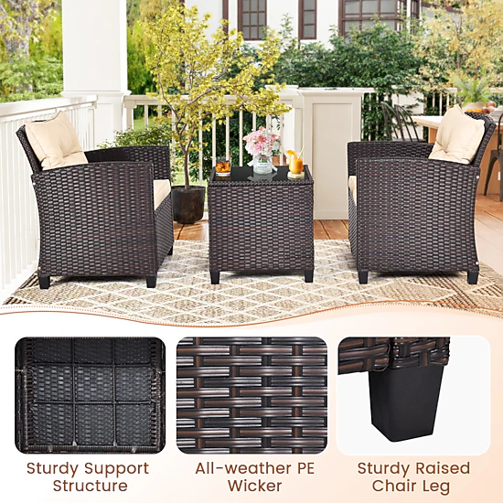 SUGIFT Patio Rattan Furniture Conversation Set with Cushions and Coffee Table 360-lb Chair Capacity Beige