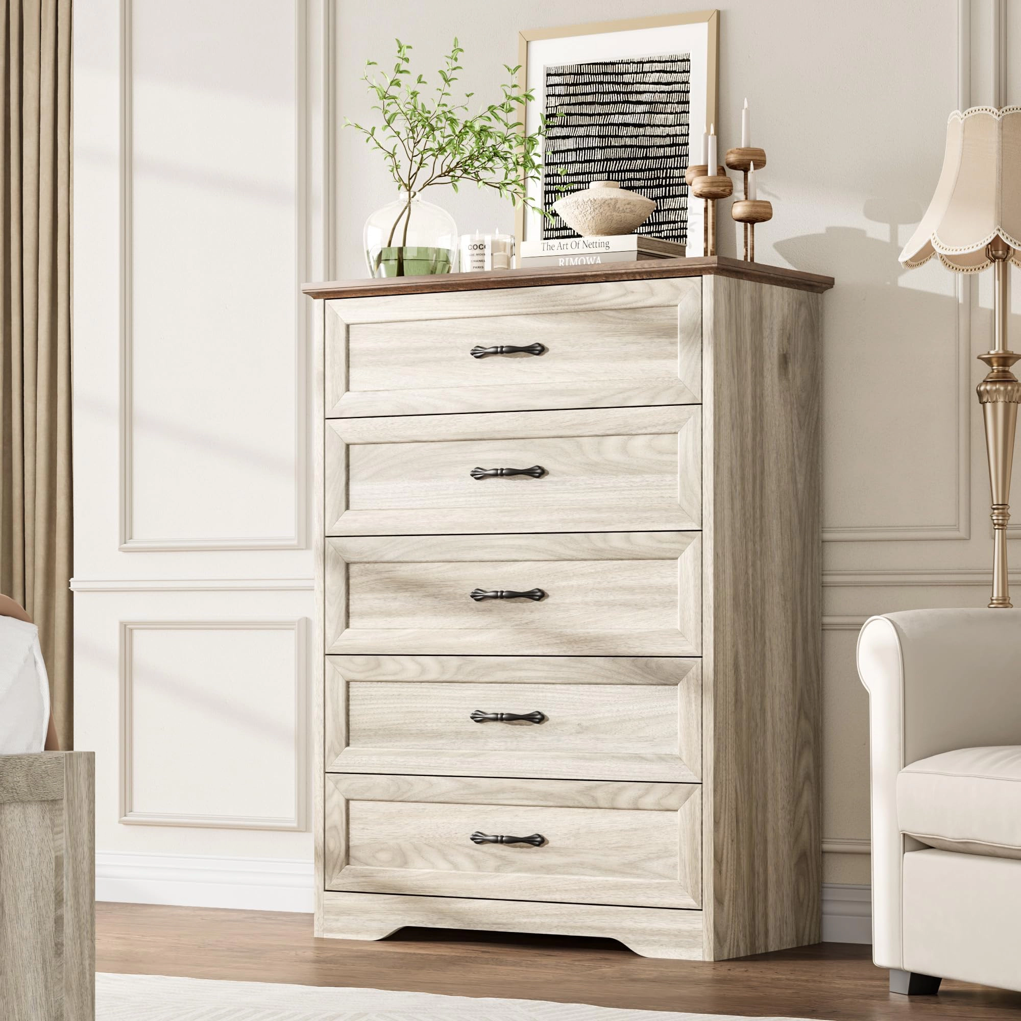 Farmhouse 5 Drawer Dresser with Metal Handles, 44" Tall Wooden Storage Cabinet for Bedroom Living Room