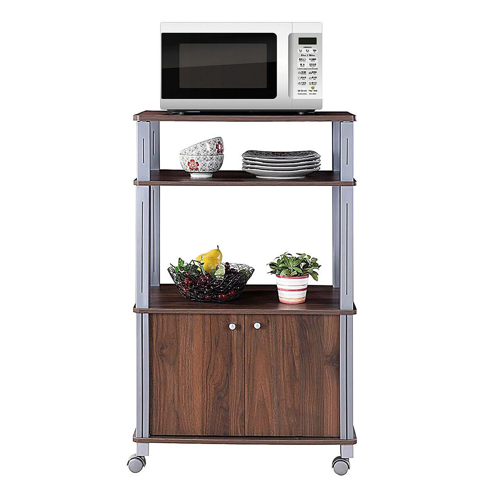 SUGIFT Walnut Rolling Kitchen Cart Microwave Rack Stand with 2-Door Cabinet 23.5-in W 15.5-in D 38.5-in H