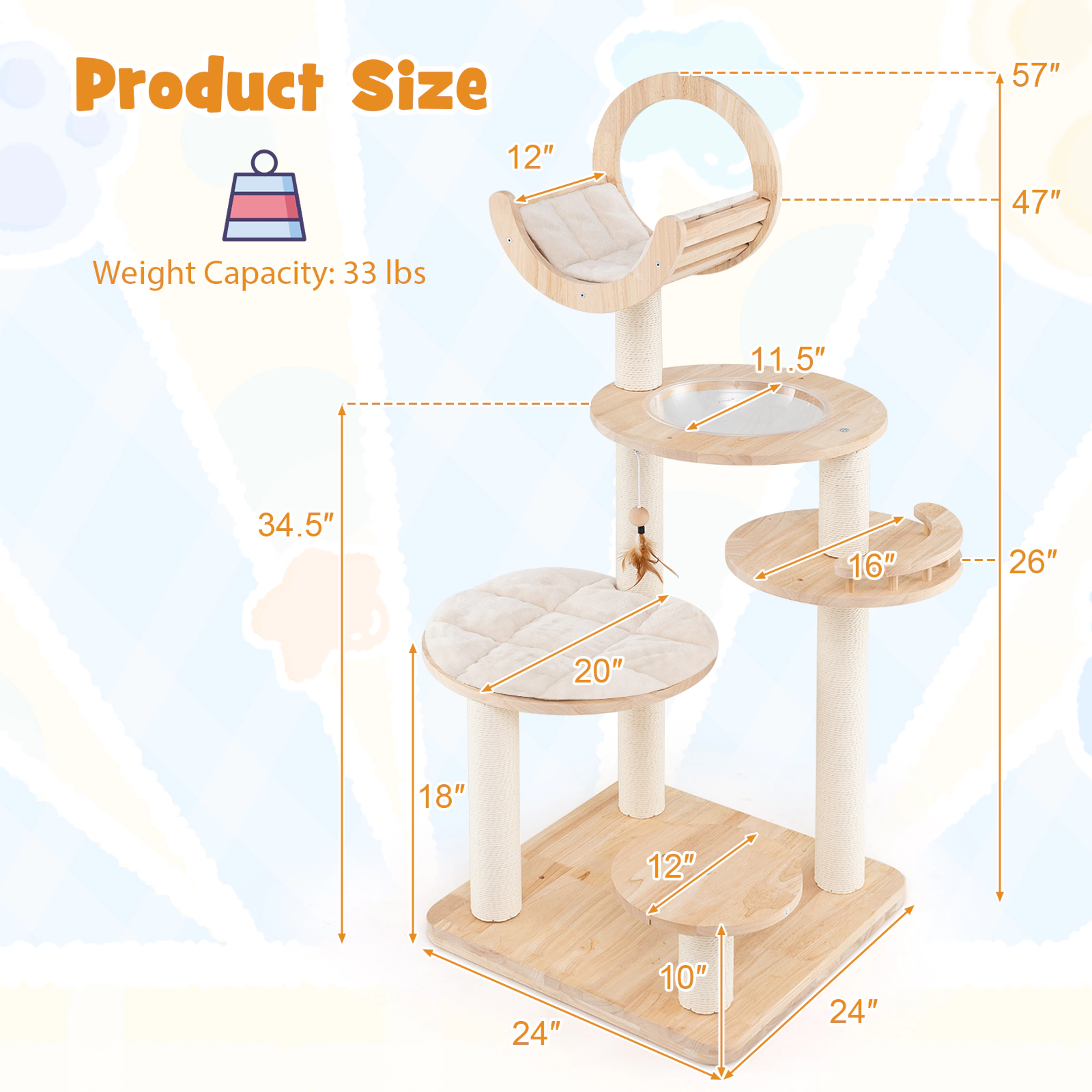 SUGIFT Beige 4-in-1 Large Wooden Cat Tower with Space Capsule Nest and Paper Rope Posts