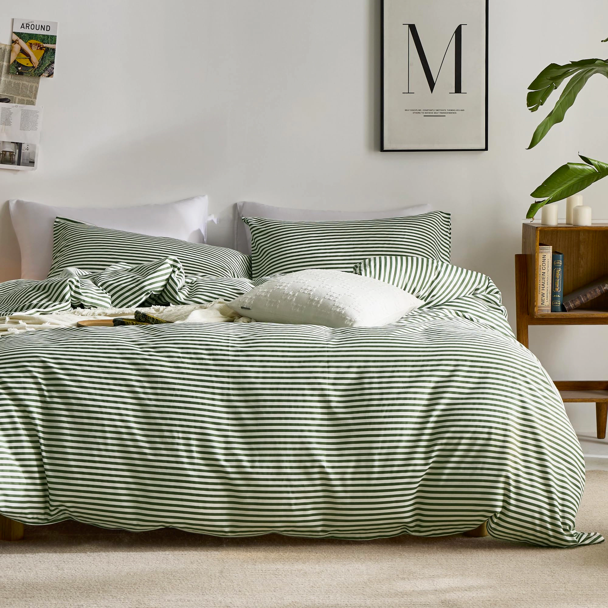 PUPWE Ton Printed Striped Queen Duvet Cover Set  Green