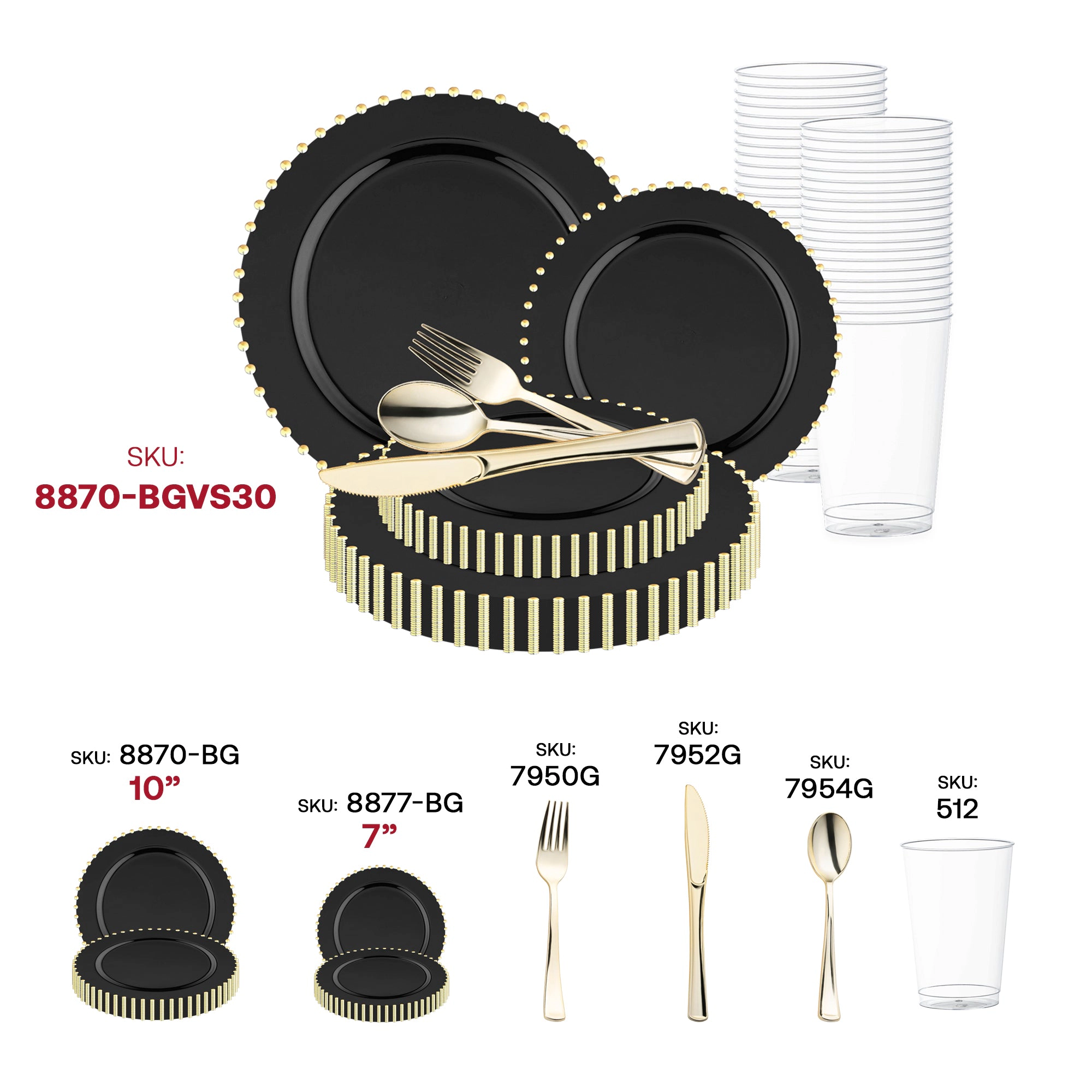 Smarty Had A Party Black with Gold Pearl String Round Disposable Plastic Wedding Value Set