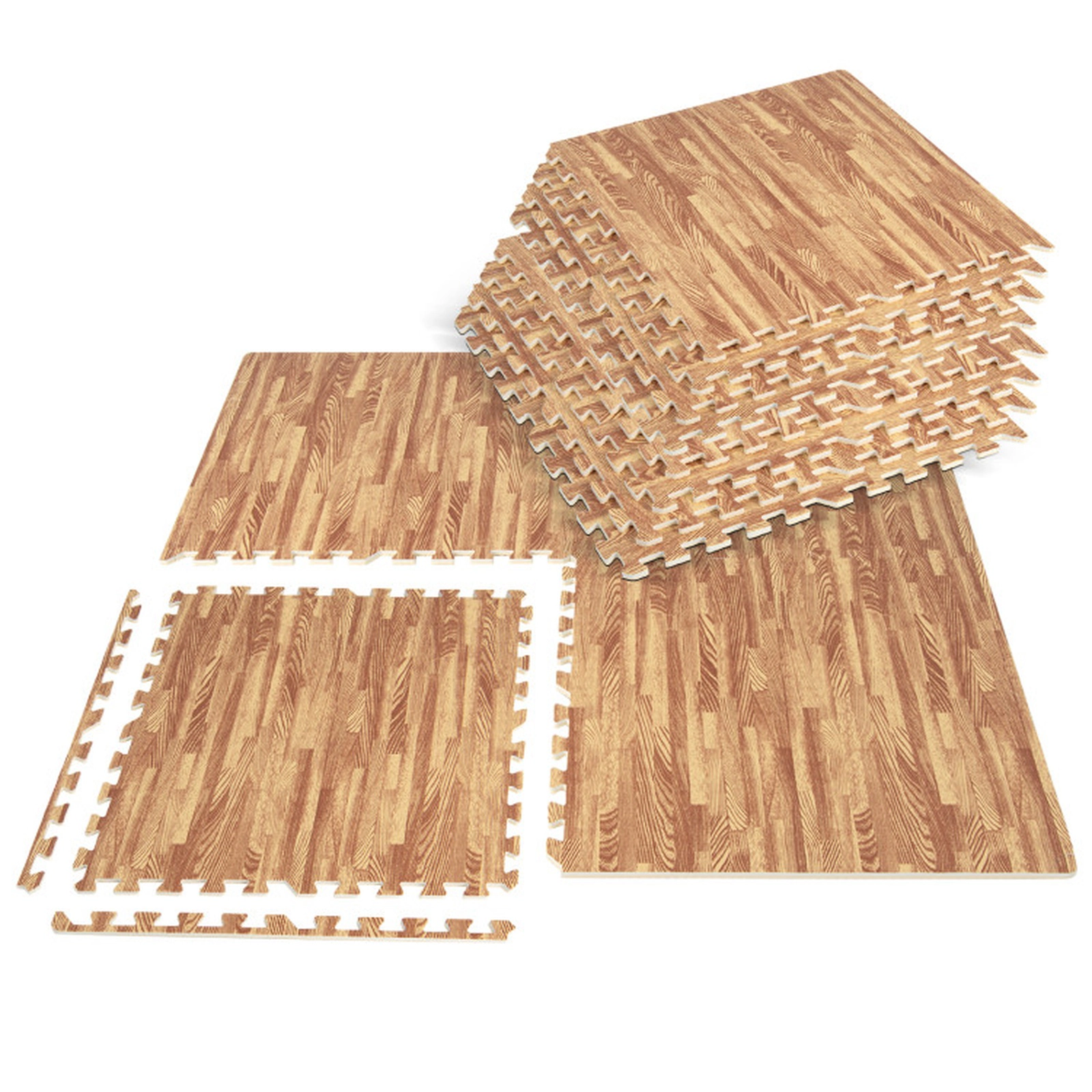 SUGIFT Natural 25 Tile Wood Grain Interlocking Foam Floor Mat Set with 50 Borders 24-in W 24-in D 0.4-in H