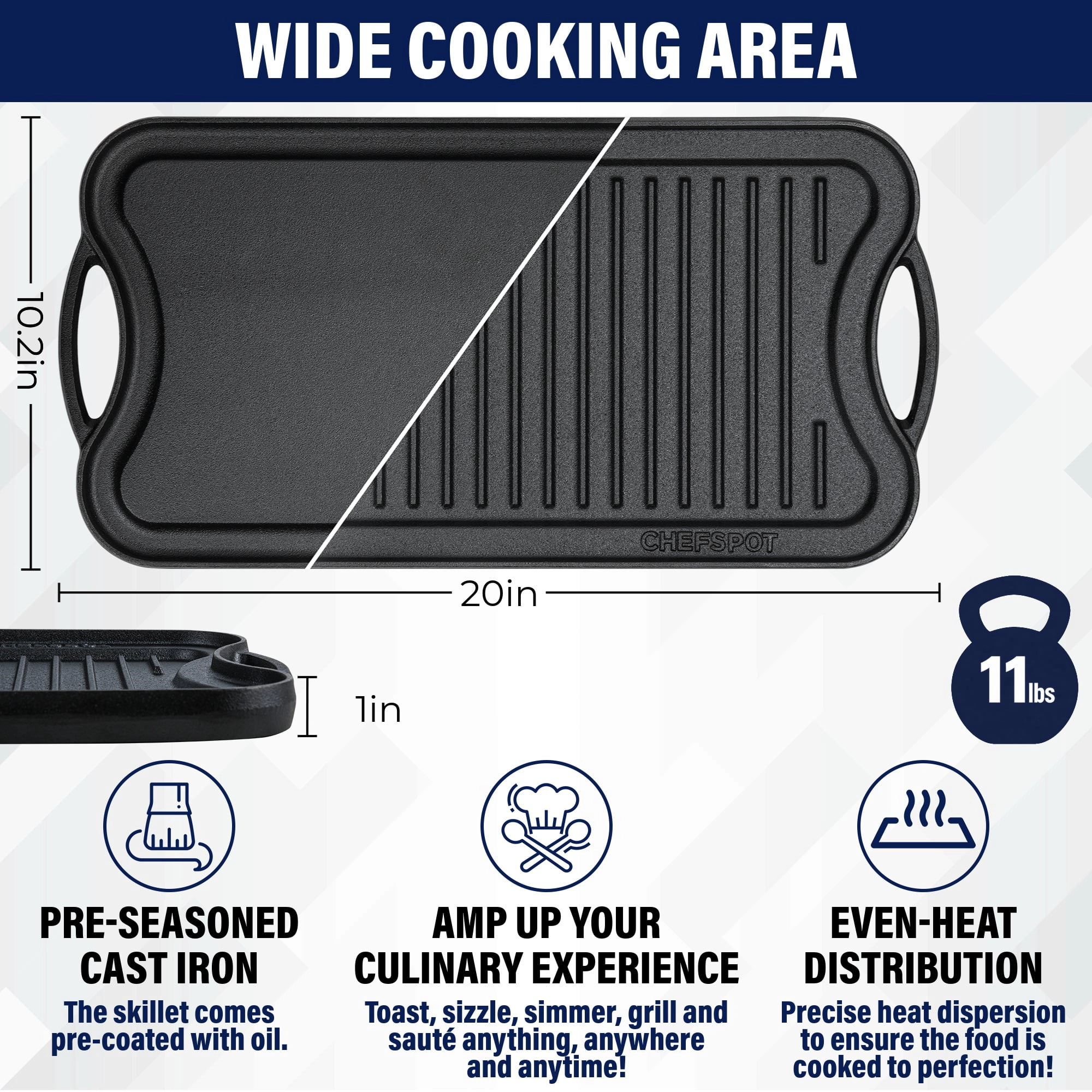CHEFSPOT 20 Inch Cast Iron Reversible Grill And Griddle Pan