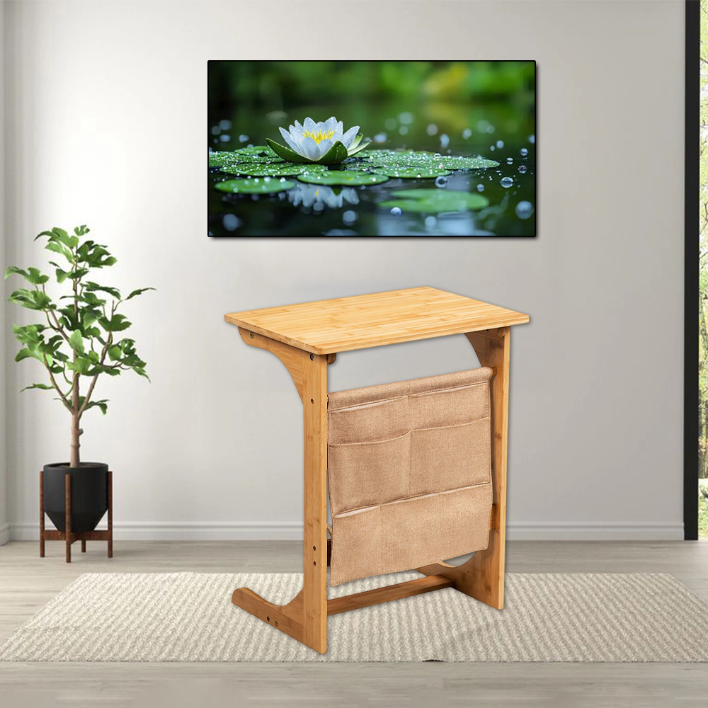 Hivvago Bamboo End Table with Detachable Storage Bag for Living Room or Bedroom