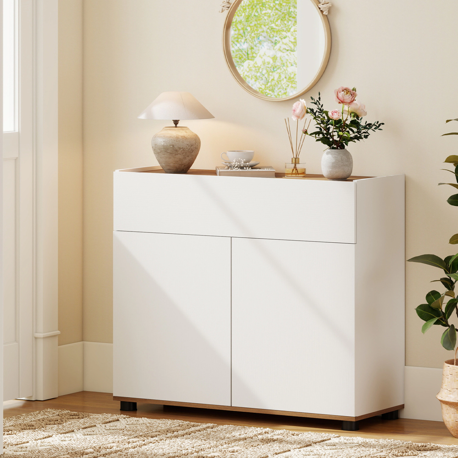 SUGIFT 31.5-in 88-lb Countertop White Wooden Sideboard Buffet Cabinet with Push-to-Open Doors and Wide Drawer