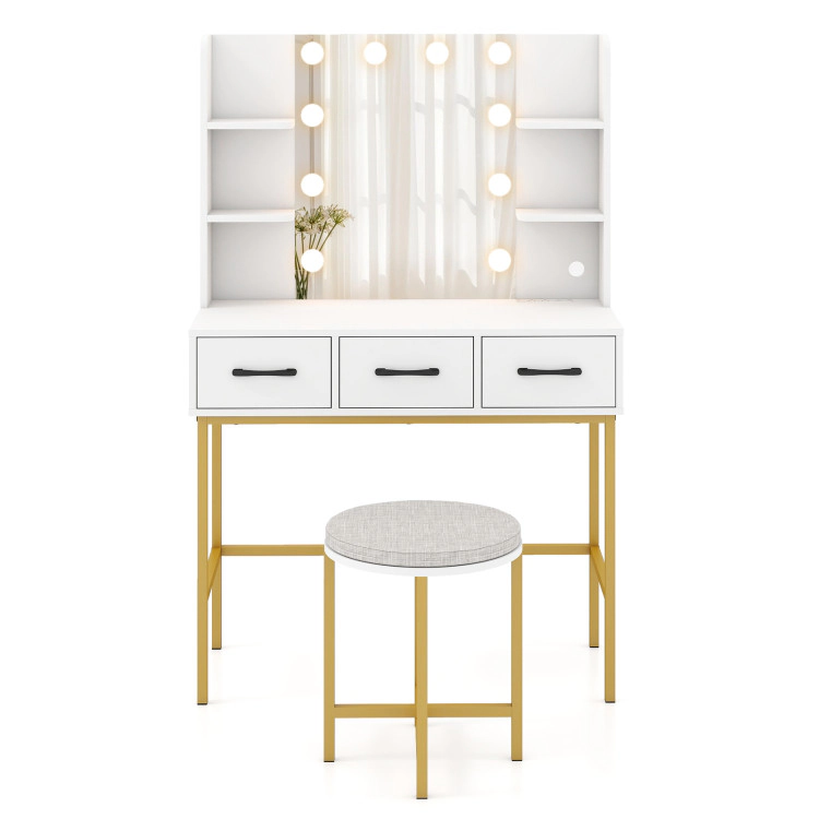Hivvago Vanity Desk With Mirror And Lights Makeup Dressing Table And Cushioned Stool Set