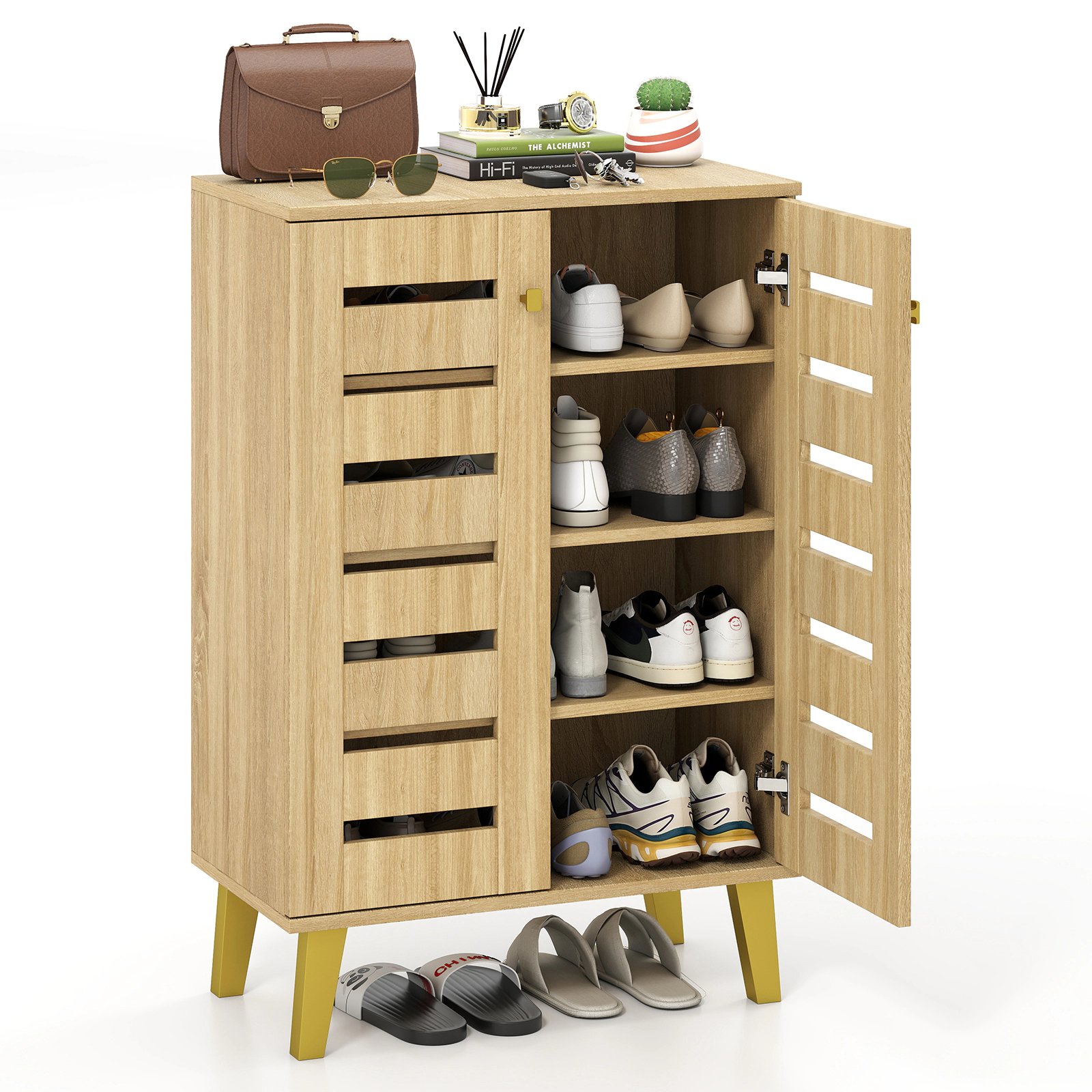 SUGIFT 4-Tier Natural 24-in Small Freestanding Wood Shoe Cabinet with Louvered Doors and Soft Close