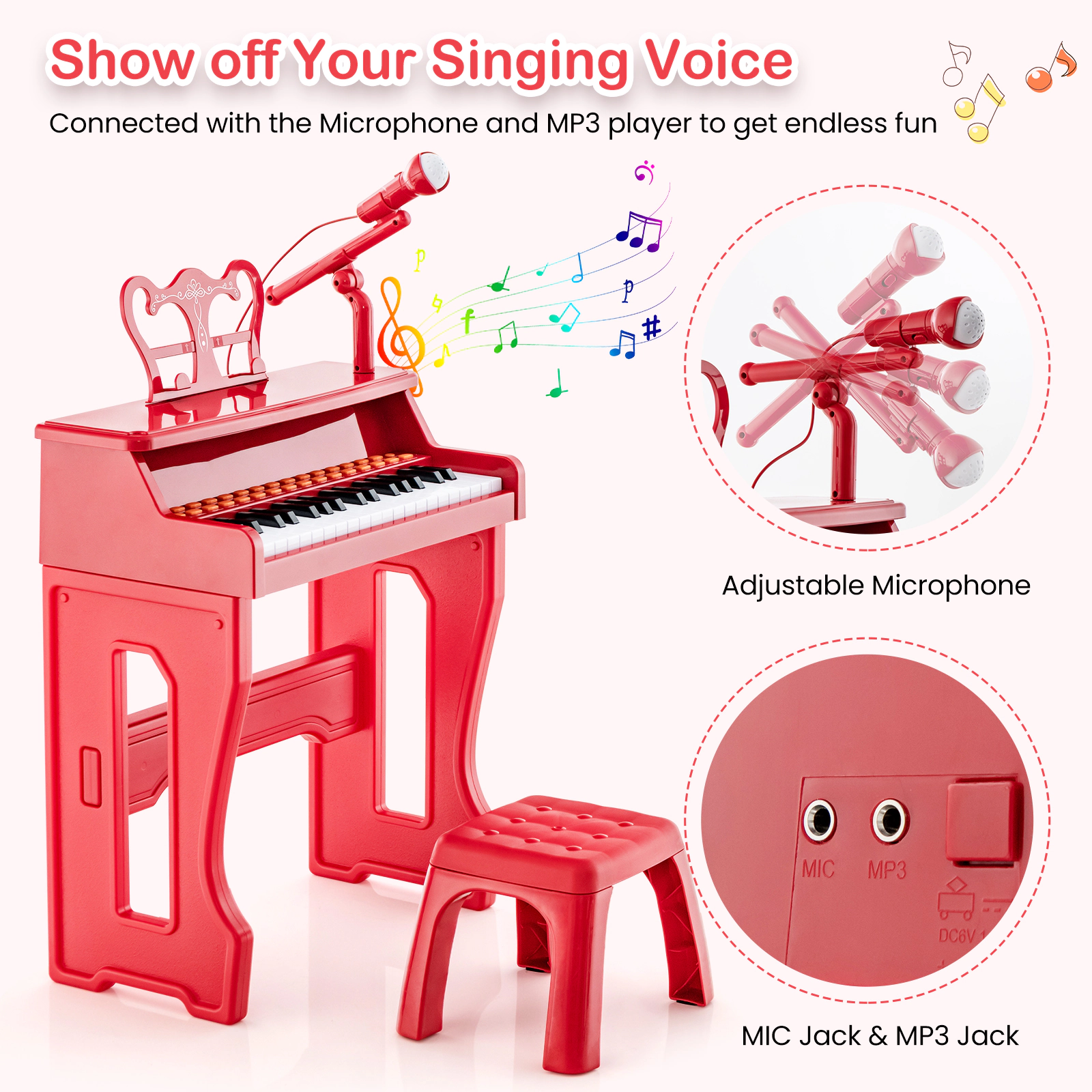SUGIFT 37-Key Kids Piano Keyboard with Microphone and Detachable Music Stand Ages 3+ Red