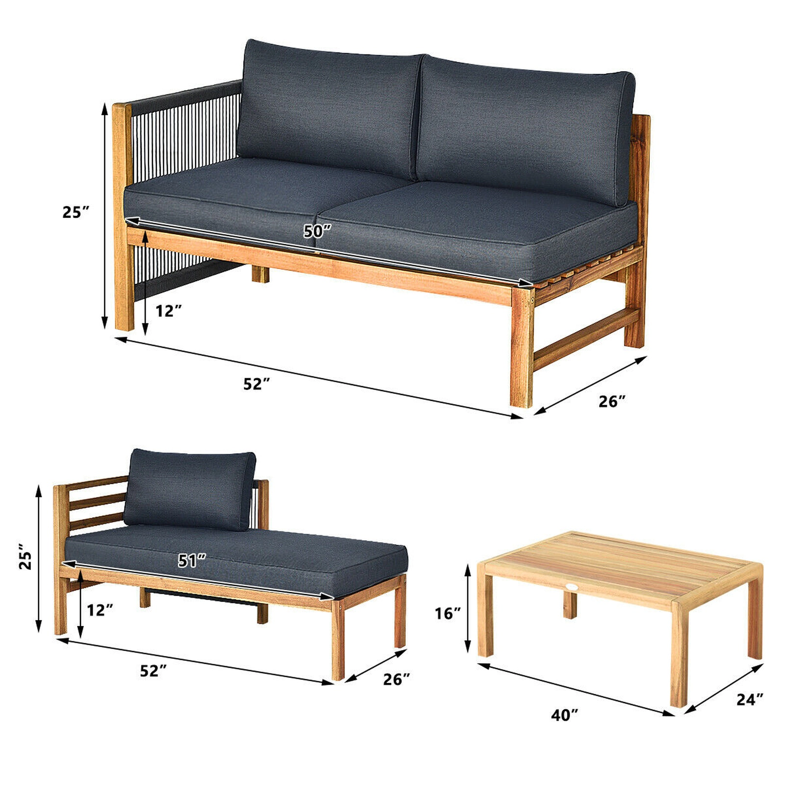 SUGIFT Chaise Lounge and Coffee Table 3-Piece Acacia Wood Patio Sofa Set