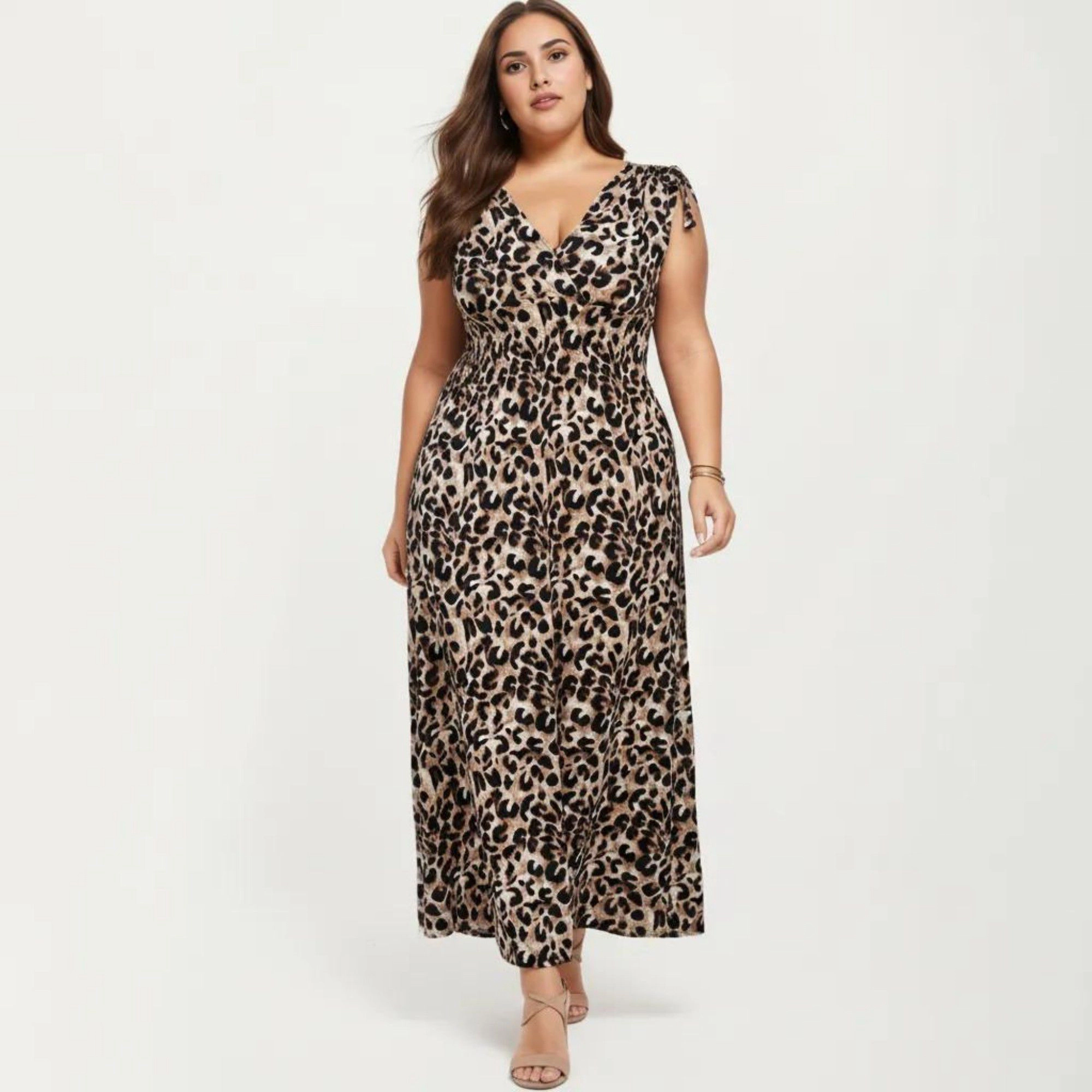 Anna-Kaci Women's Sleeveless V Neck Leopard Print Elastic Waist Flowy A Line Long Maxi Dress