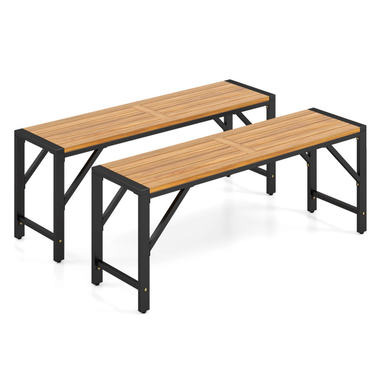 SUGIFT Set of 2 Acacia Wood Outdoor Benches 47.5-in Slatted Seat 800-lb Capacity Natural & Black
