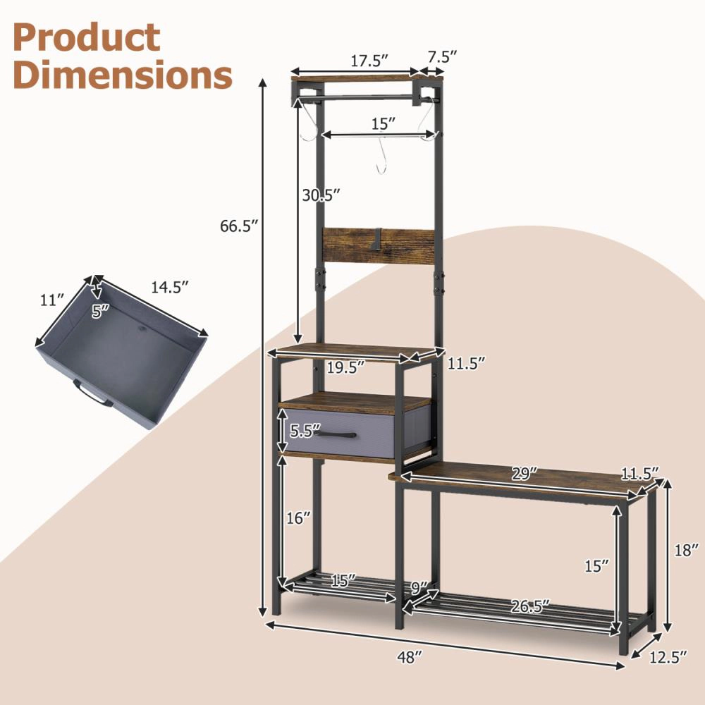 Hivvago 7-in-1 Hall Tree with Shoe Bench and Hooks and Removable Drawer for Entryway