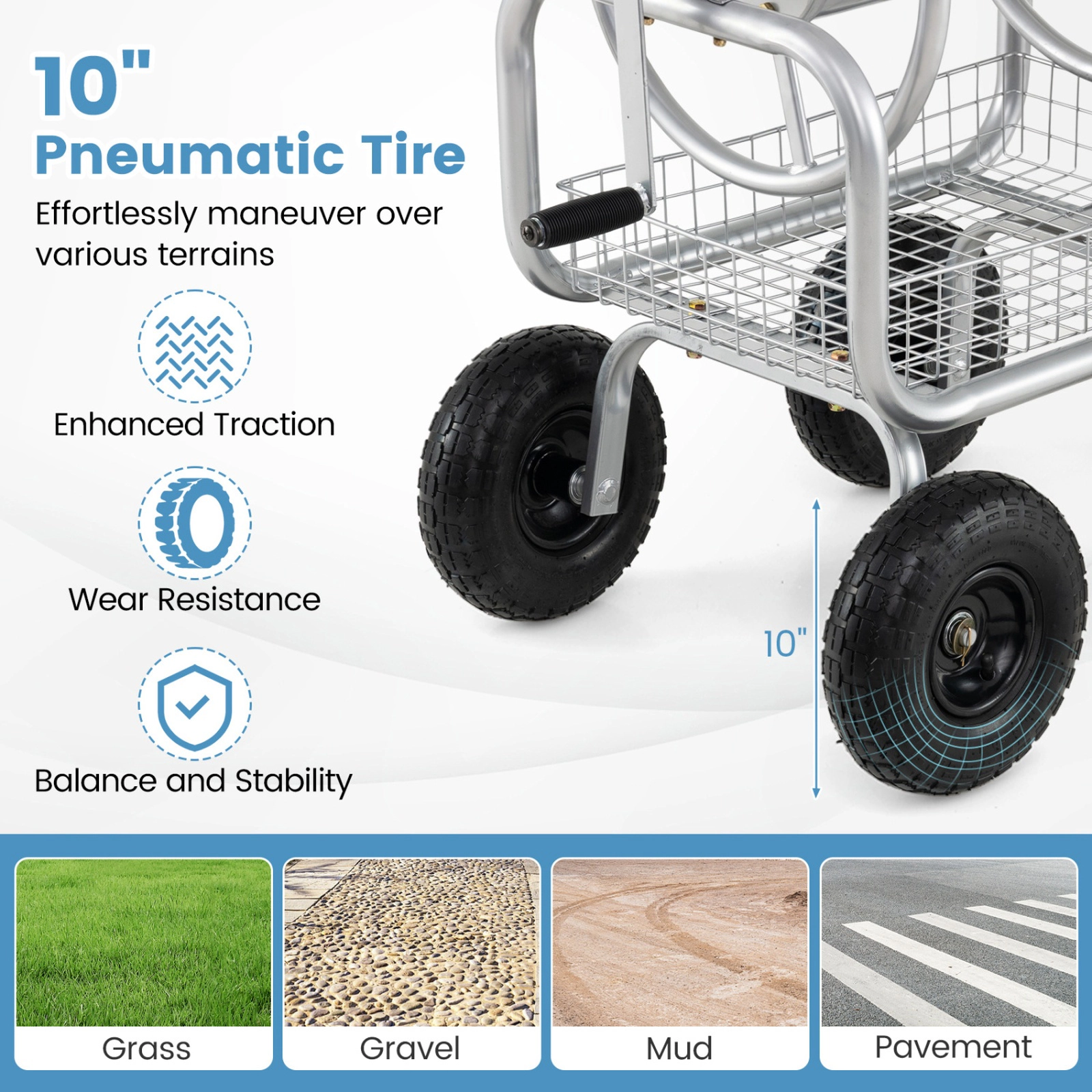 SUGIFT Green Garden Hose Reel Cart with Air-Filled Tires and Storage Basket 25-in W 21.5-in D 43-in H