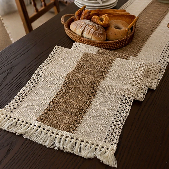 Alilang Women Textured Woven Table Runner with Fringe Trim and Neutral Stripe Pattern 47x11.8 in