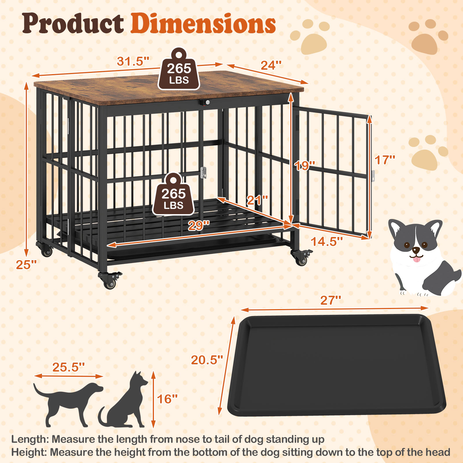 SUGIFT 38 in Foldable Dog Crate Furniture Rustic Brown with Removable Tray and Lockable Door