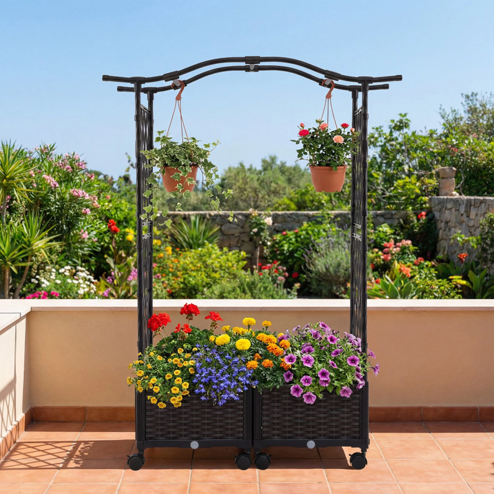 SUGIFT 5-ft Tall Raised Garden Bed with Trellis Hanging Roof and Lockable Wheels 58-in Frame Brown