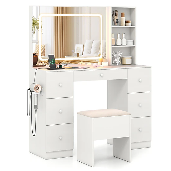 SUGIFT White Large Lighted Mirror and 7 Storage Drawers 46 Inch Vanity Desk and Stool Set