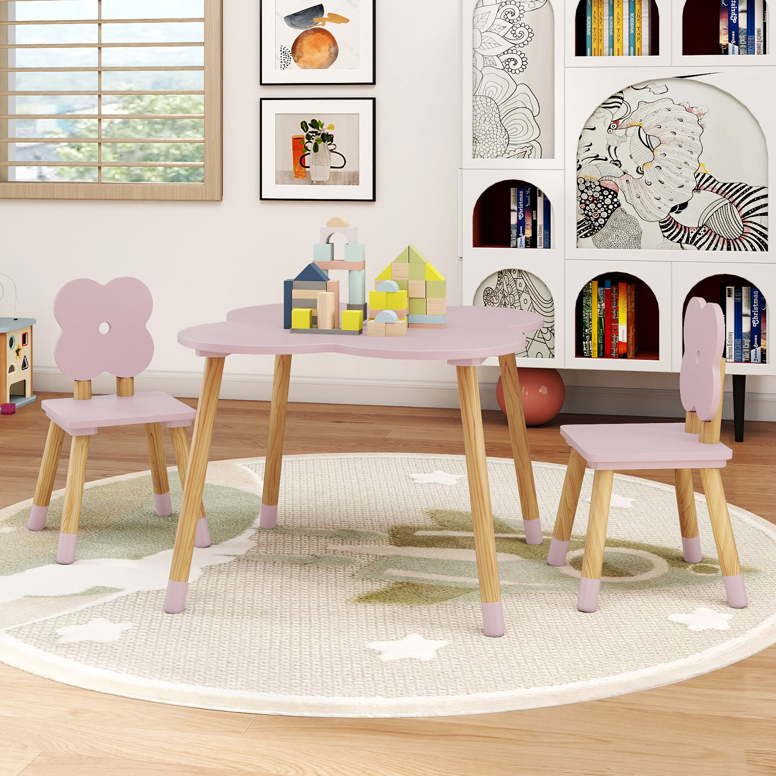 SUGIFT Pink Solid Pine Wood Legs 3-Piece Kids Flower Shaped Table and Chairs Set