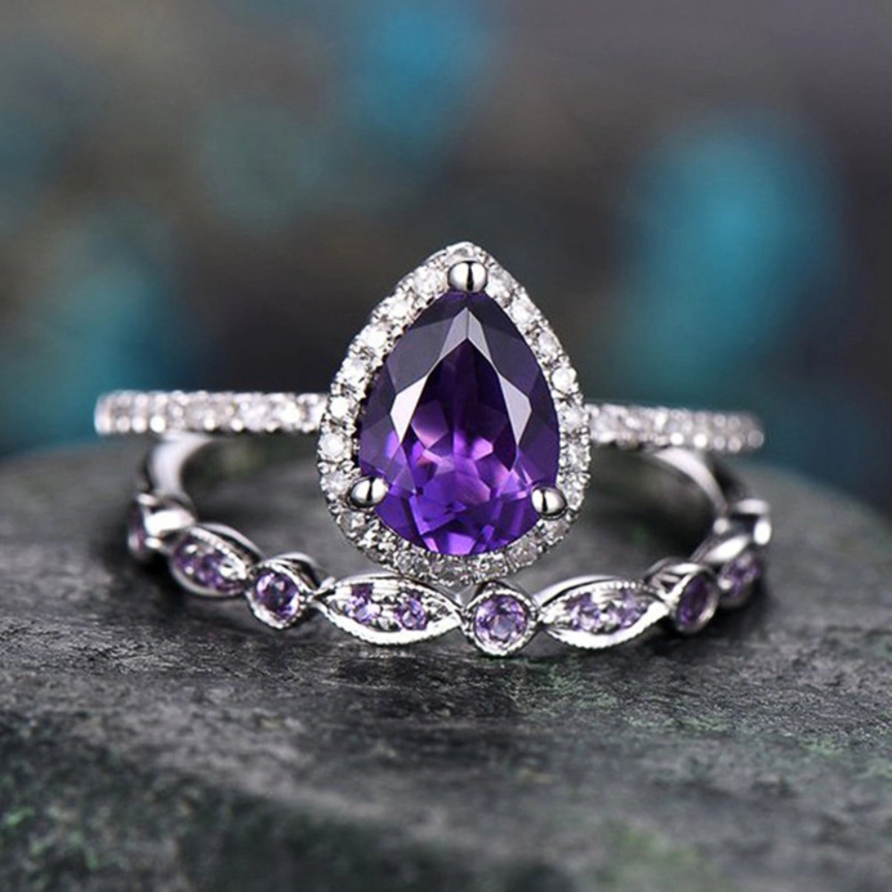2-Piece Women's Ring Set with Pear-Cut Purple Cubic Zirconia