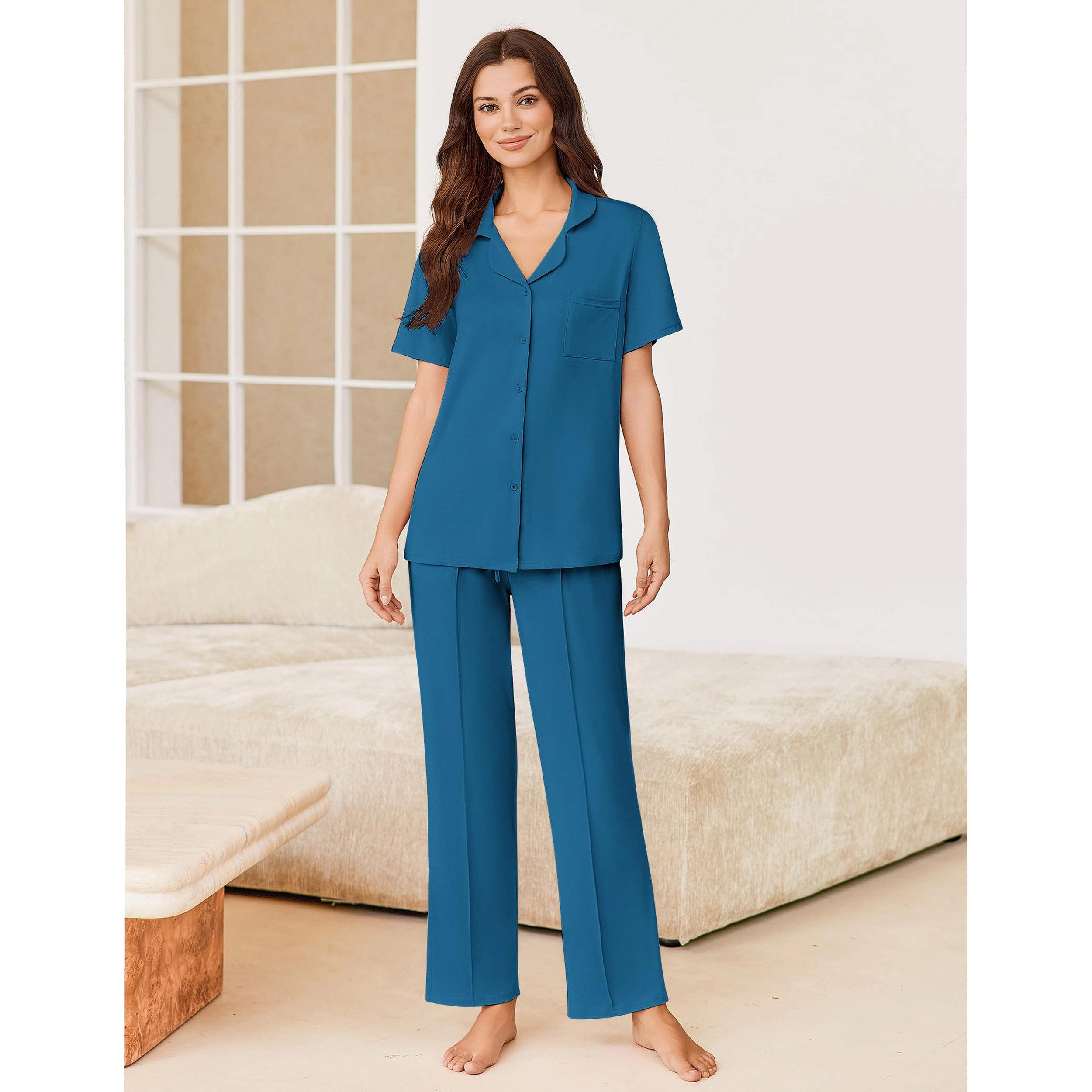 Ekouaer Women's Button Up Pajama Set with Short Sleeve Top and Long Pants