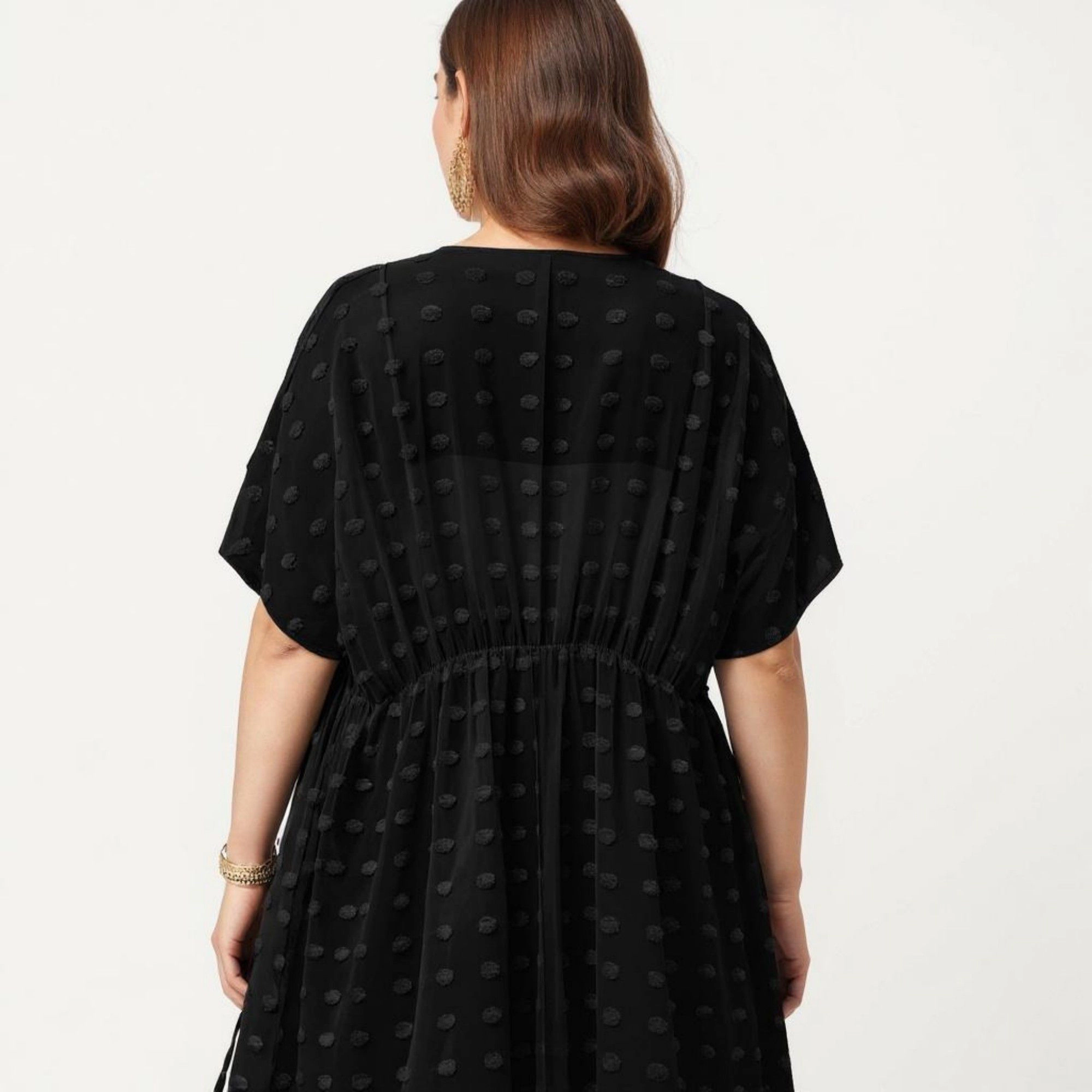 Anna-Kaci Women's V Neck Drawstring Waist Swiss Dot High Low Hem Beach Layer Sheer Midi Cover Up Dress