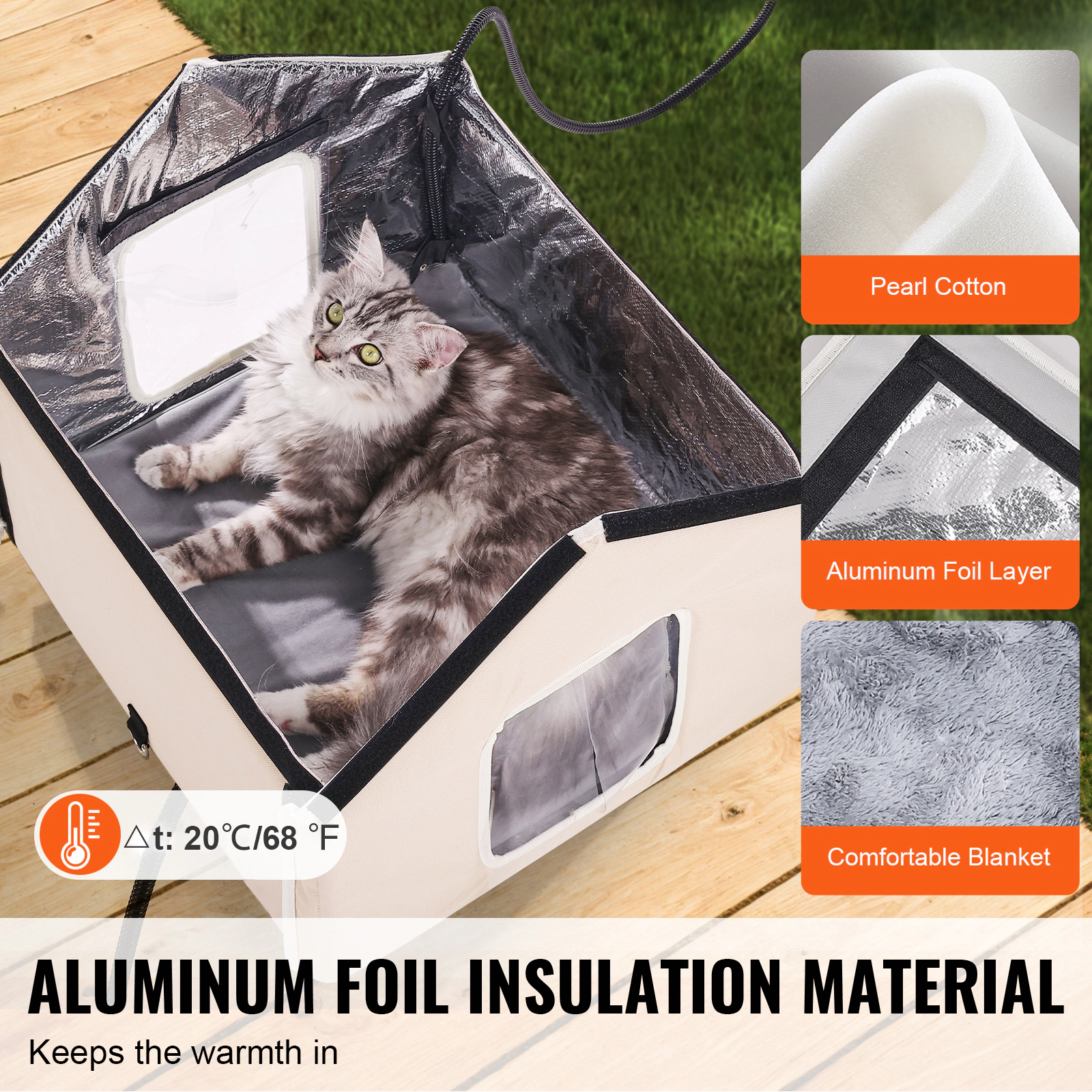 HONGGE Heated Cat House Outdoor Kitty Shelter with Timer, Foldable 600D Oxford Cloth