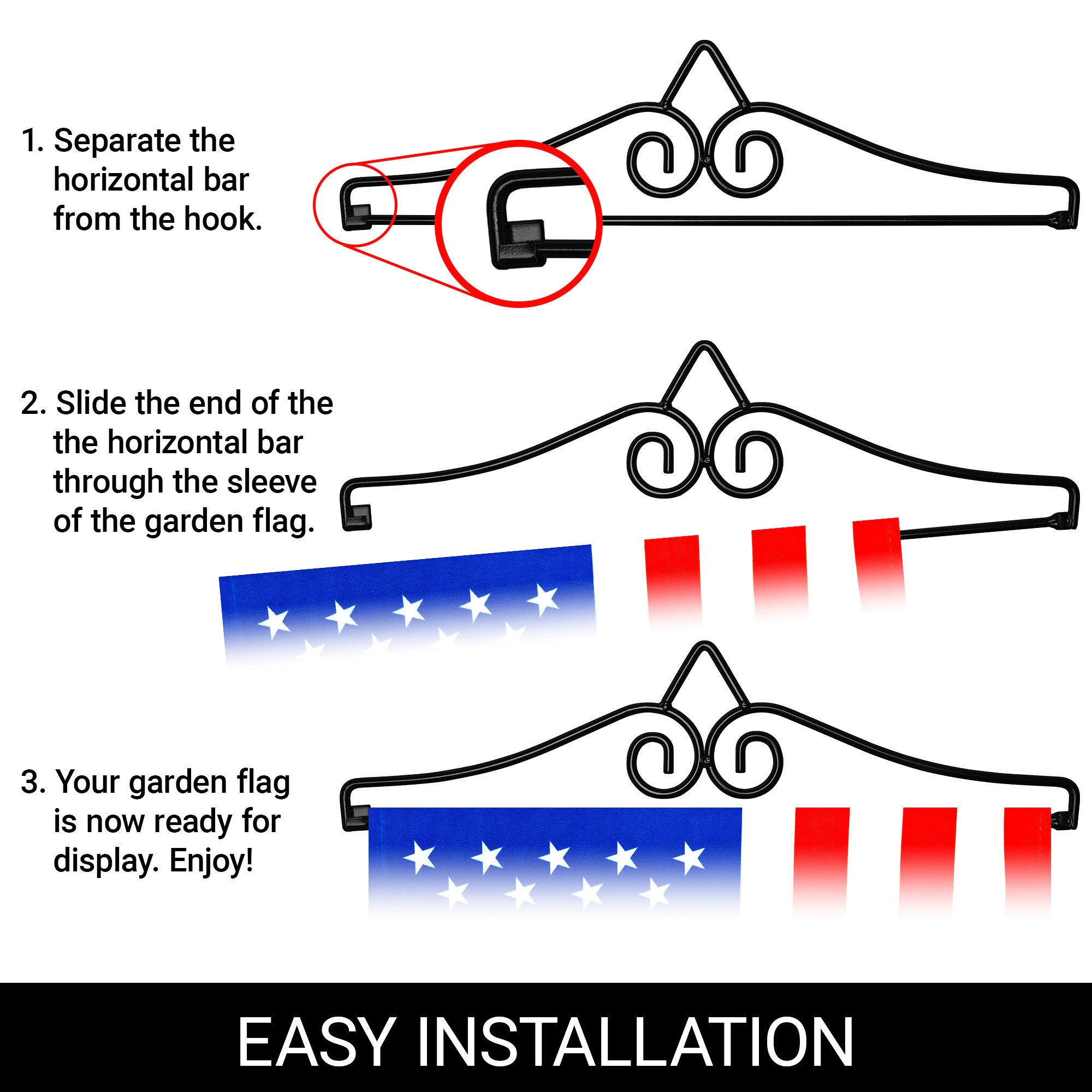 G128 Wrought Iron Garden Flag Hanger, Black Wall-Mount Flag Holder for Flags up to 13"