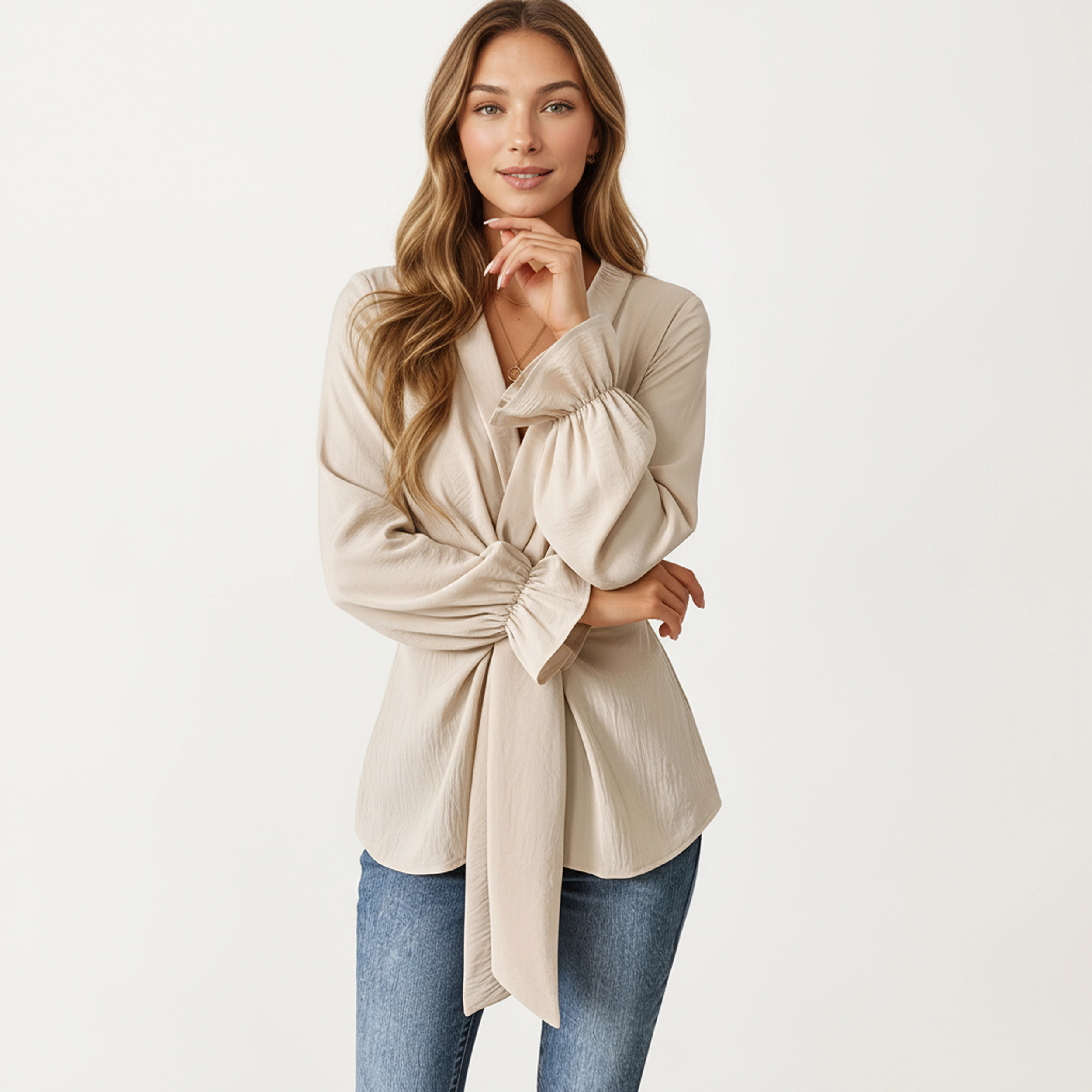 Anna-Kaci Women's Wrap Front V-Neck Waist Tie Long Sleeve Blouse
