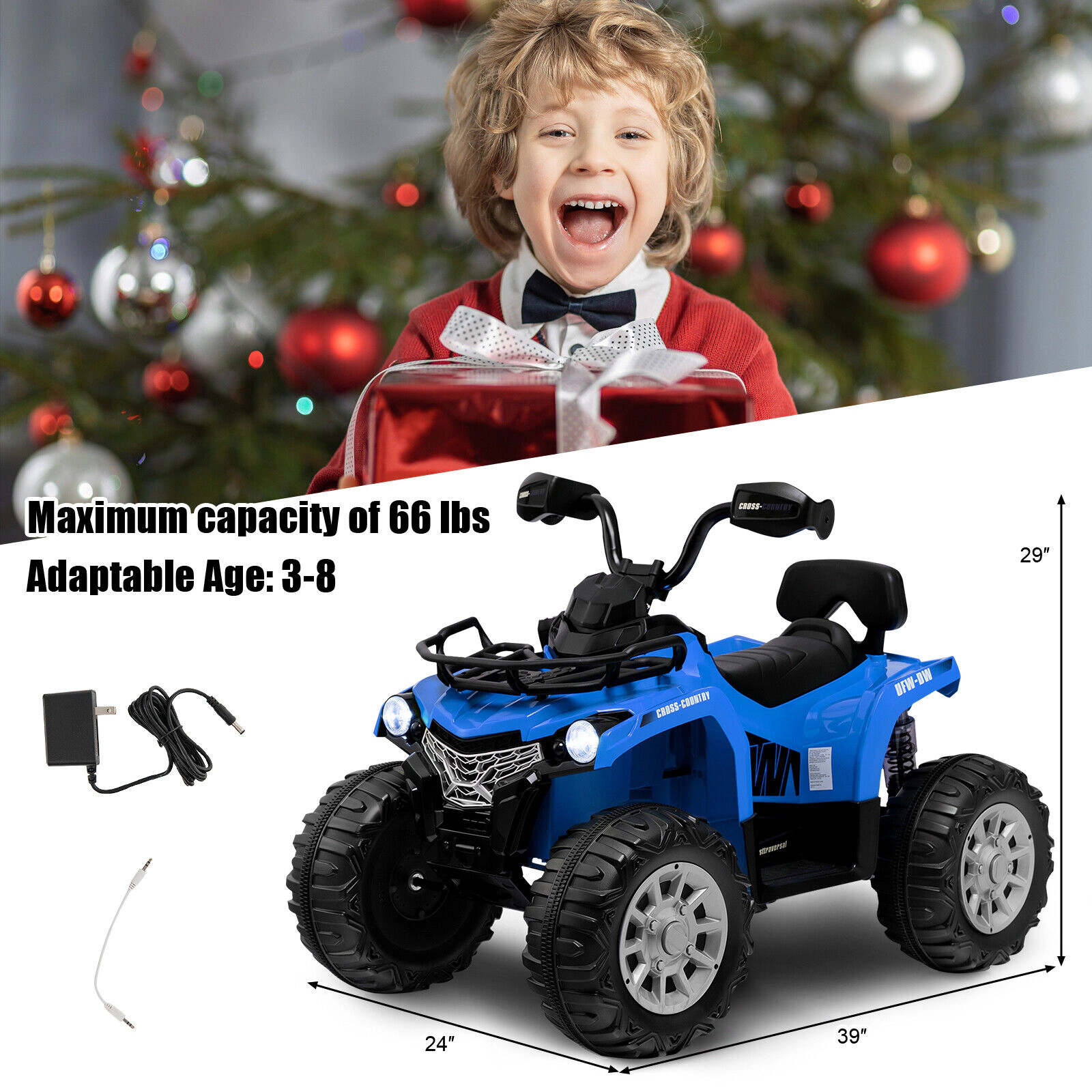 12V Kids Electric Four Wheeler ATV Pedal Acceleration Forward/Reverse Oversized Wheels Headlights MP3 Ages 3-8 Blue