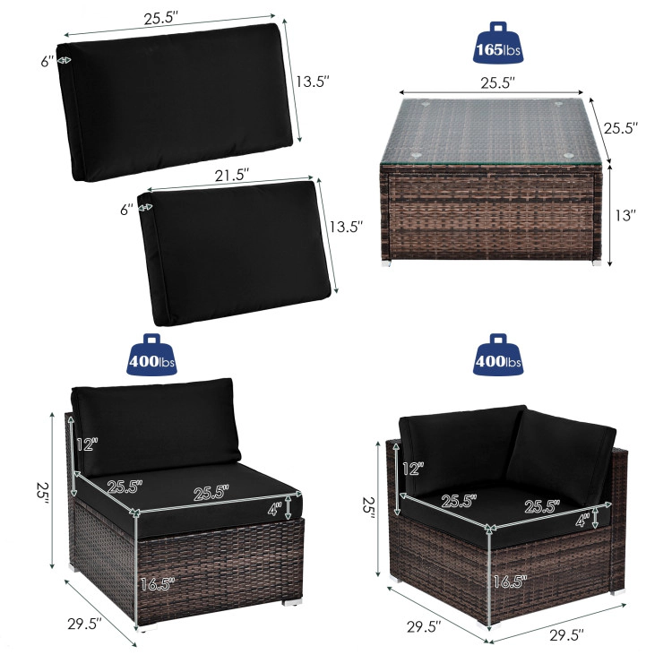 Hivvago 6 Pieces Patio Rattan Furniture Set With Cushions And Glass Coffee Table