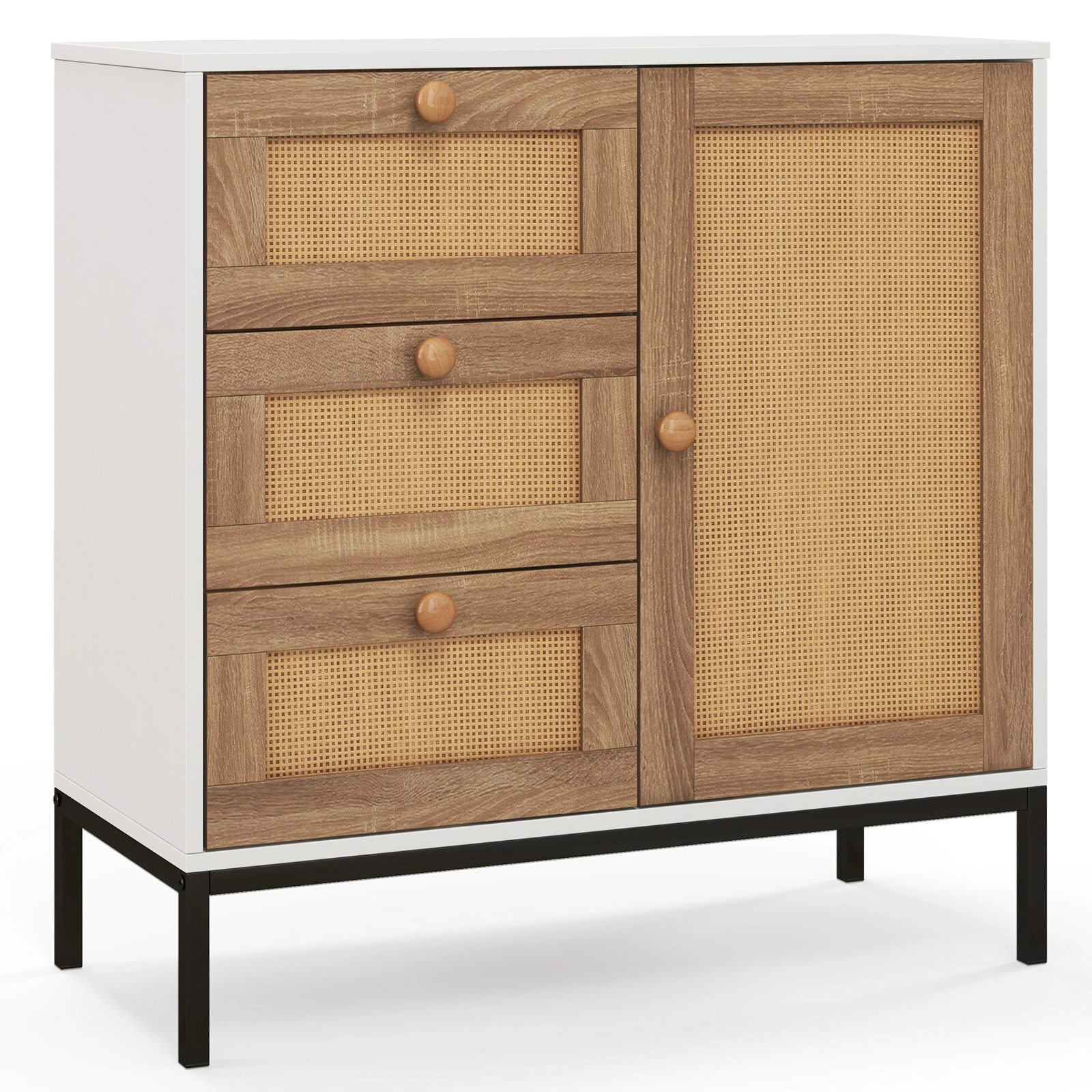 SUGIFT 3-Drawer 1 Door Rattan Front Soft Close Sideboard Cabinet 31.5-in x 14-in x 31.5-in 110-lb Capacity White