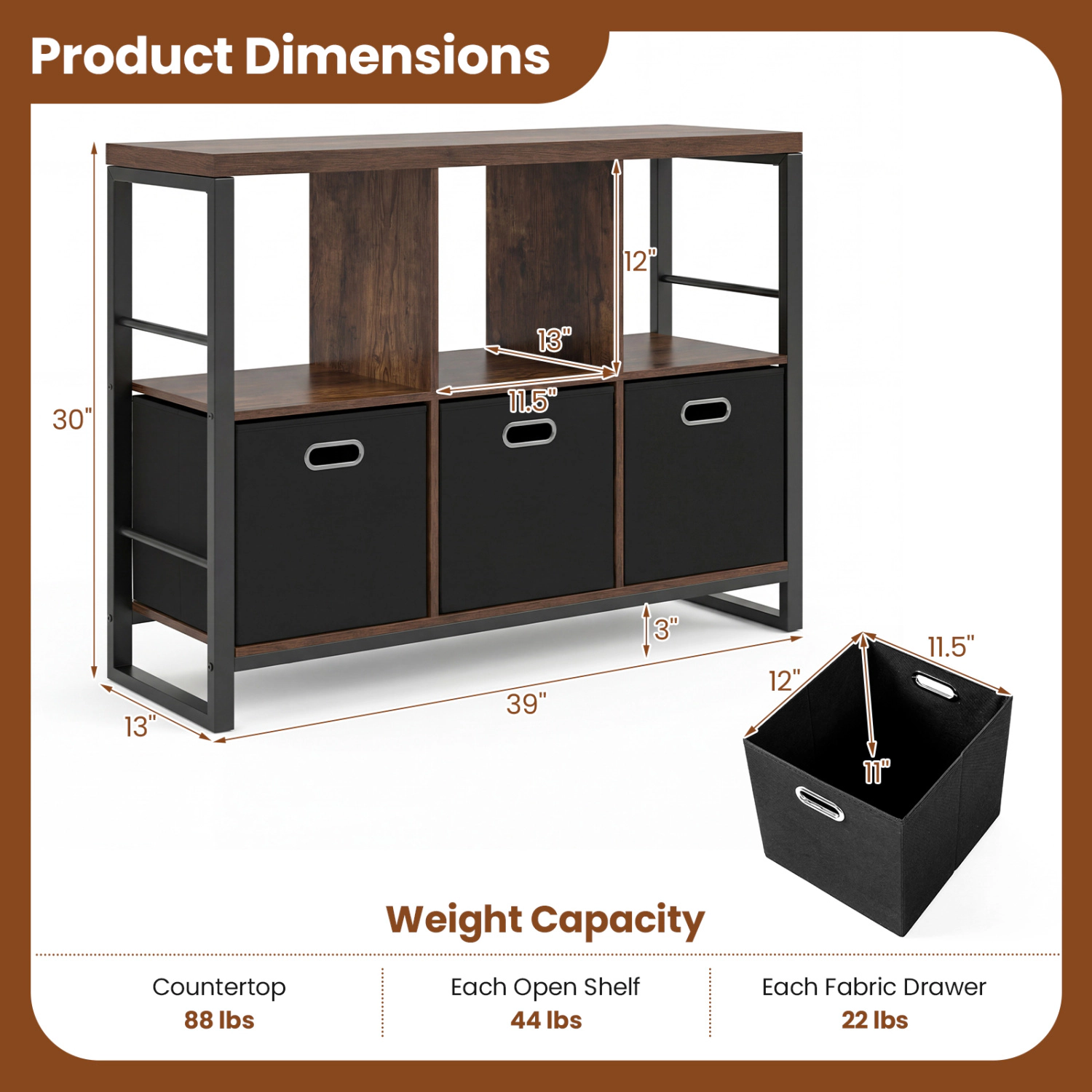 LJG 6 Cube Industrial Short Bookshelf with 3 Bins & Metal Frame and Open Shelves for Indoor