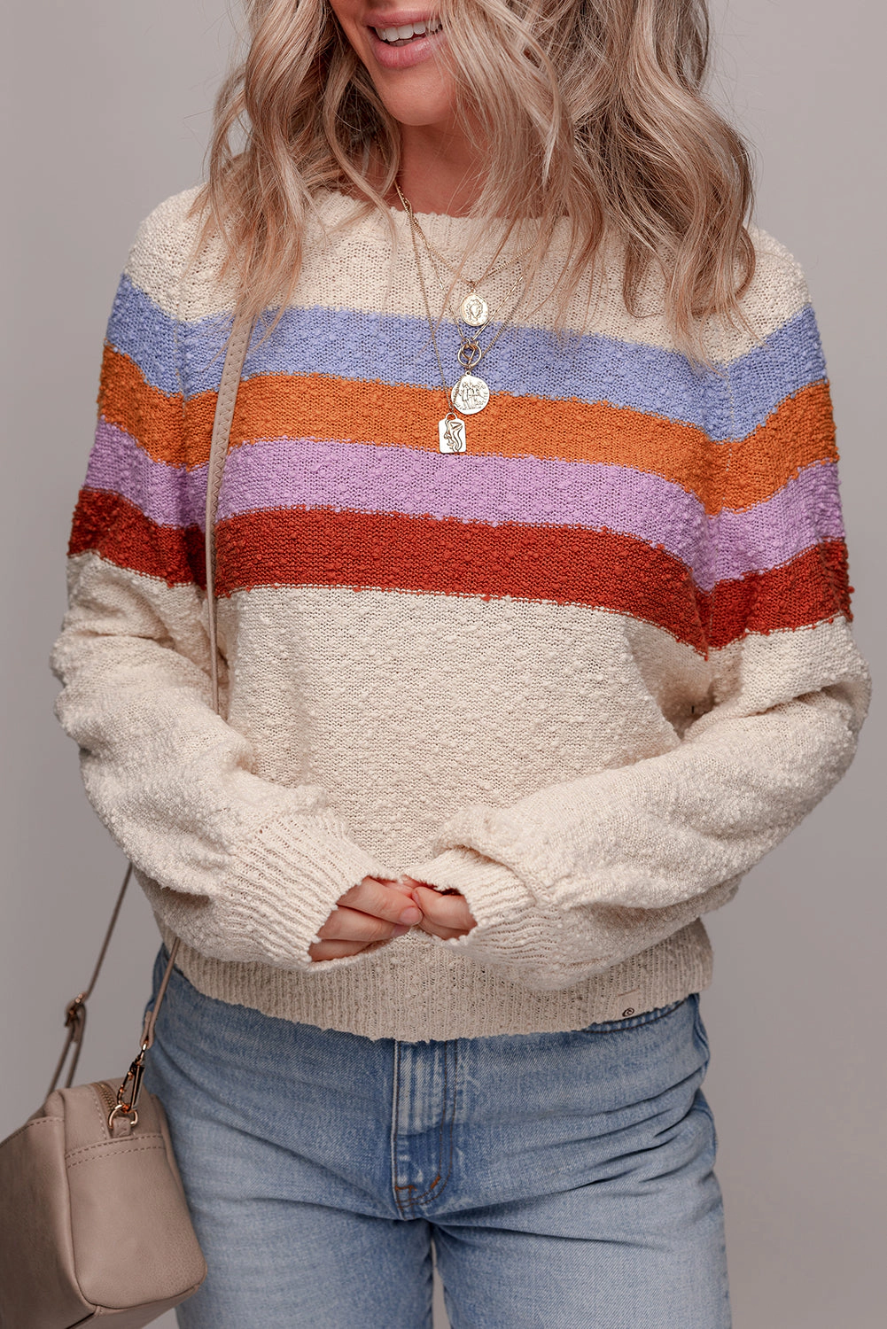 Threaded Pear Women's Ayla Striped Color Block Loose Sleeve Chic Sweater