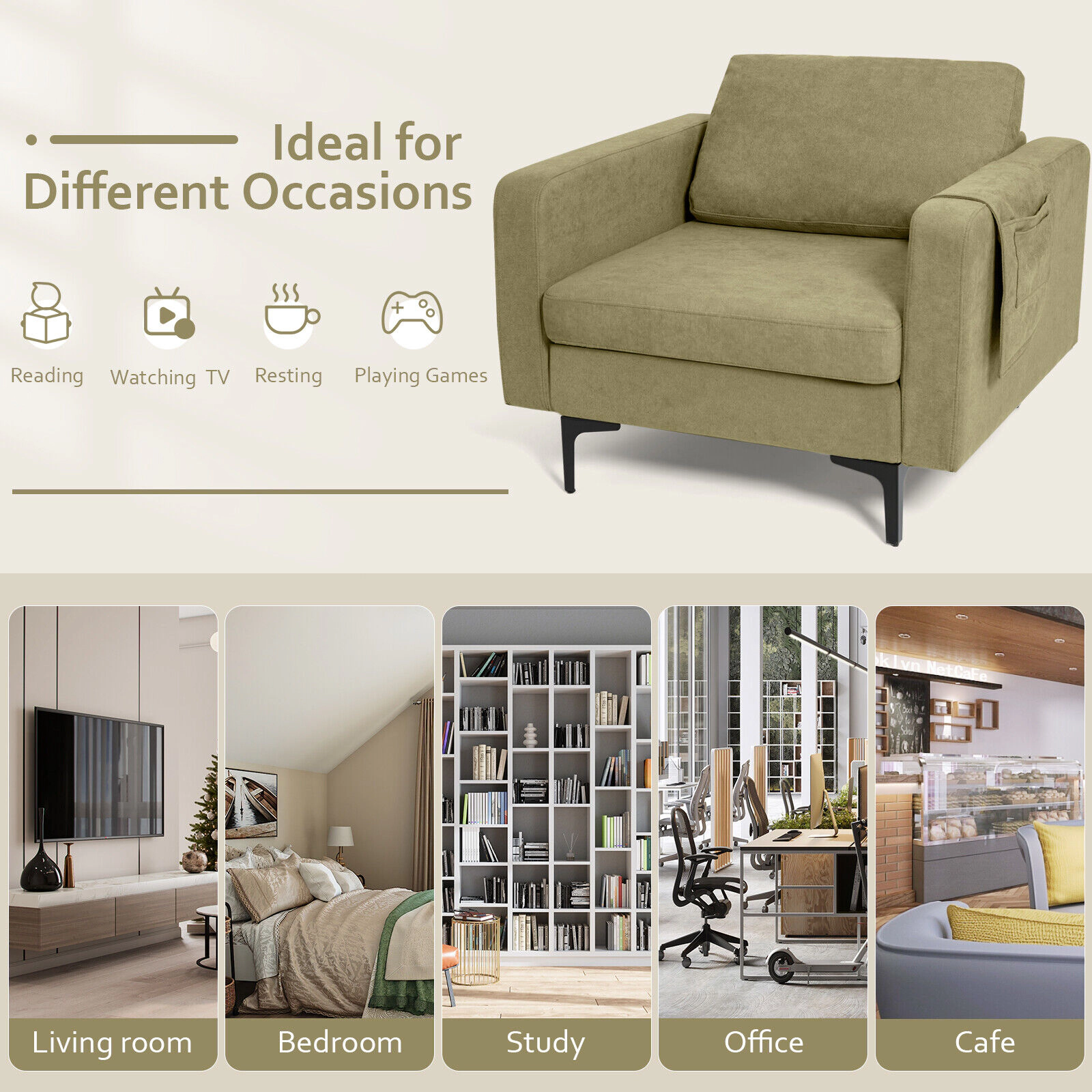 SUGIFT 660-lb Capacity Green Modern Accent Armchair with Side Storage Pocket and Solid Wood Metal Frame