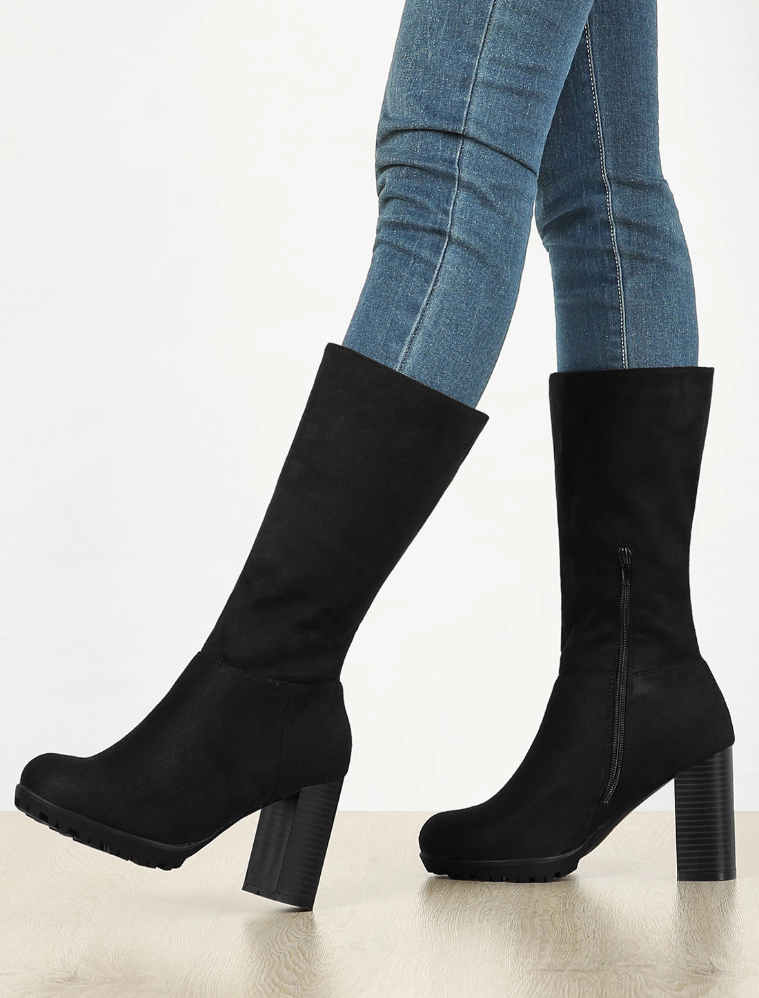 BLISSFUL STEP Women Mid Calf Block Heel Boots