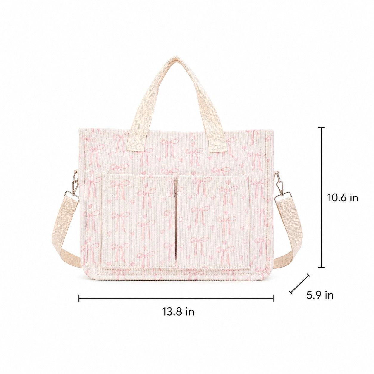 Alilang Women's Canvas Tote Bag with Bow Print Large Capacity Lightweight Adjustable Shoulder Bag, Beige