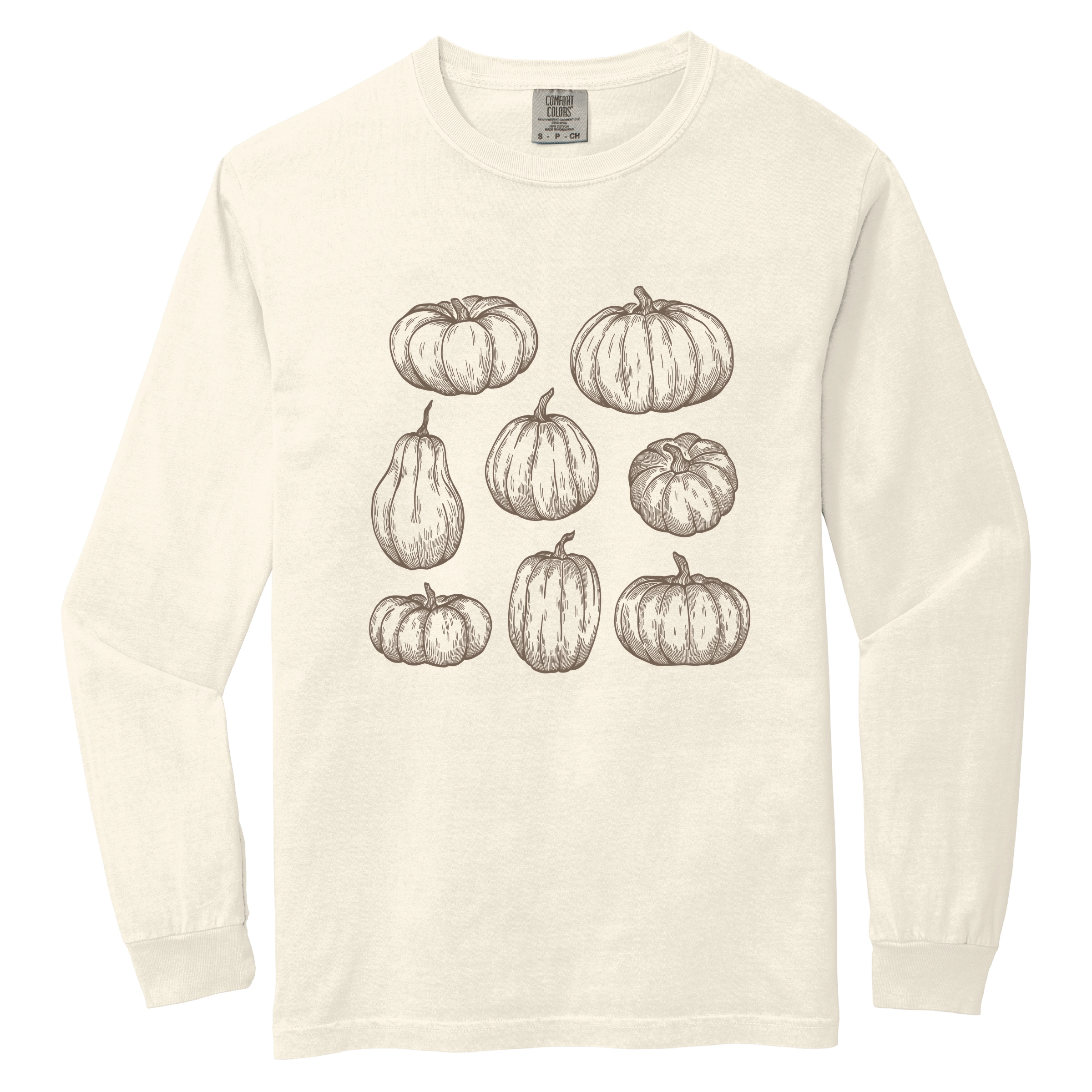Simply Sage Market - Women's Garment Dyed Long Sleeve Graphic T-Shirt Sketched Pumpkin Collage