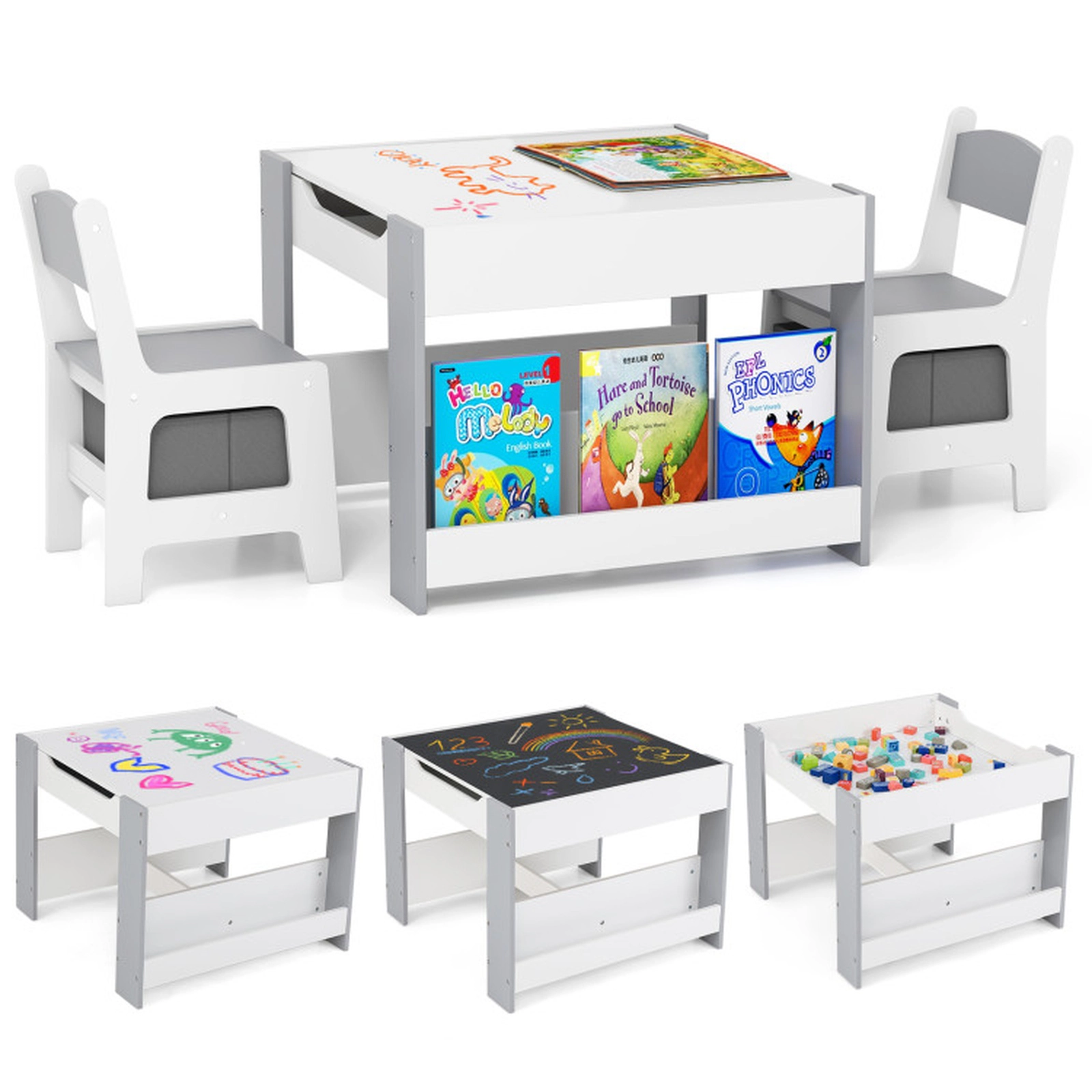 SUGIFT 4-in-1 Kids Toddler Table and 2-Chair Set with Reversible Tabletop 24-in Square Desk Ages 3+ White and Gray