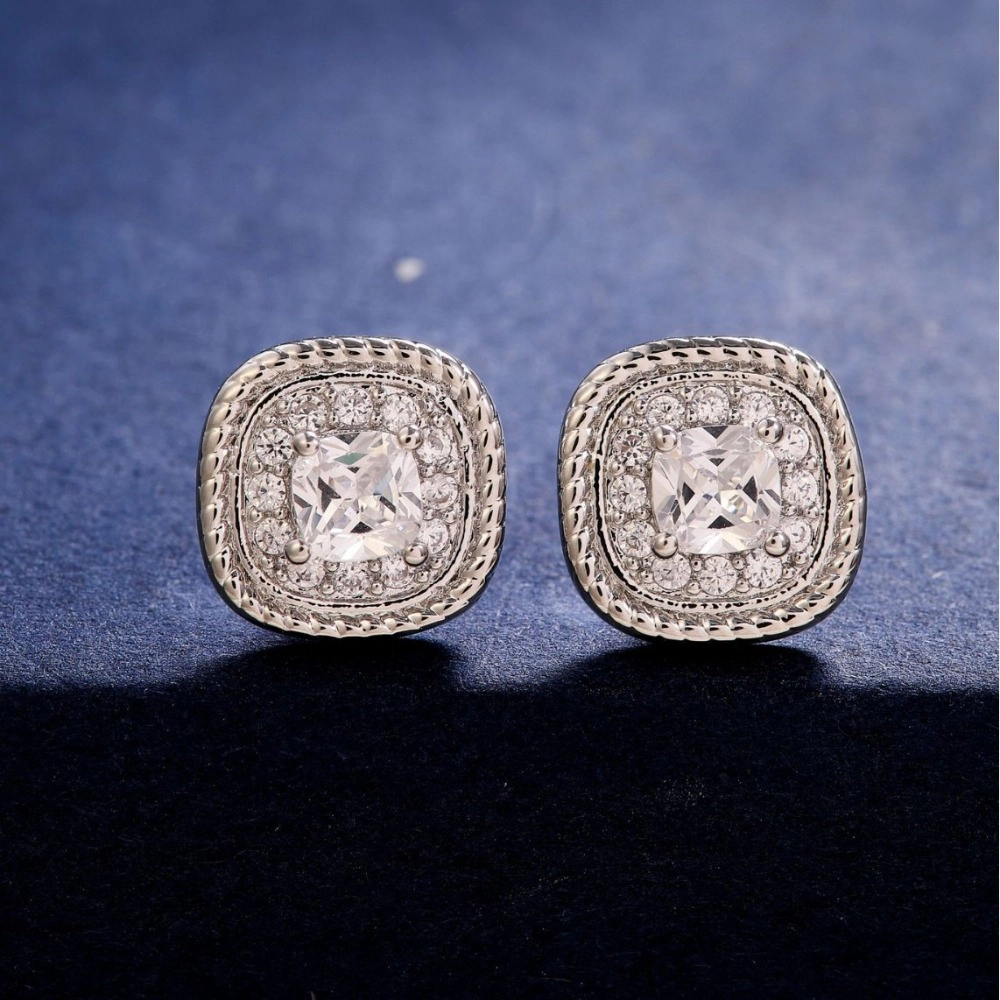 Double Halo Cushion Cut Cubic Zirconia Square Stud Earring