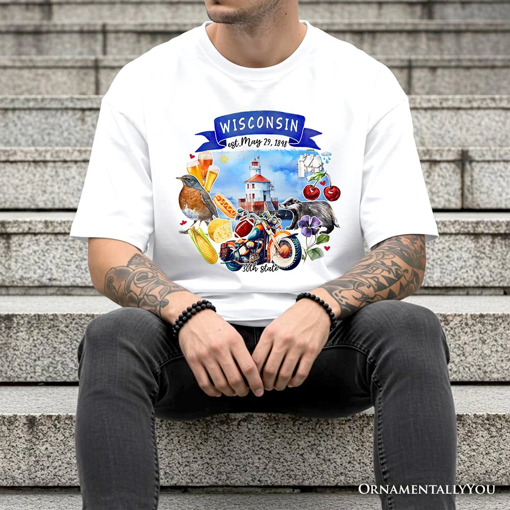 OrnamentallyYou Unisex Artistic Wisconsin State Themes And Landmarks T-Shirt
