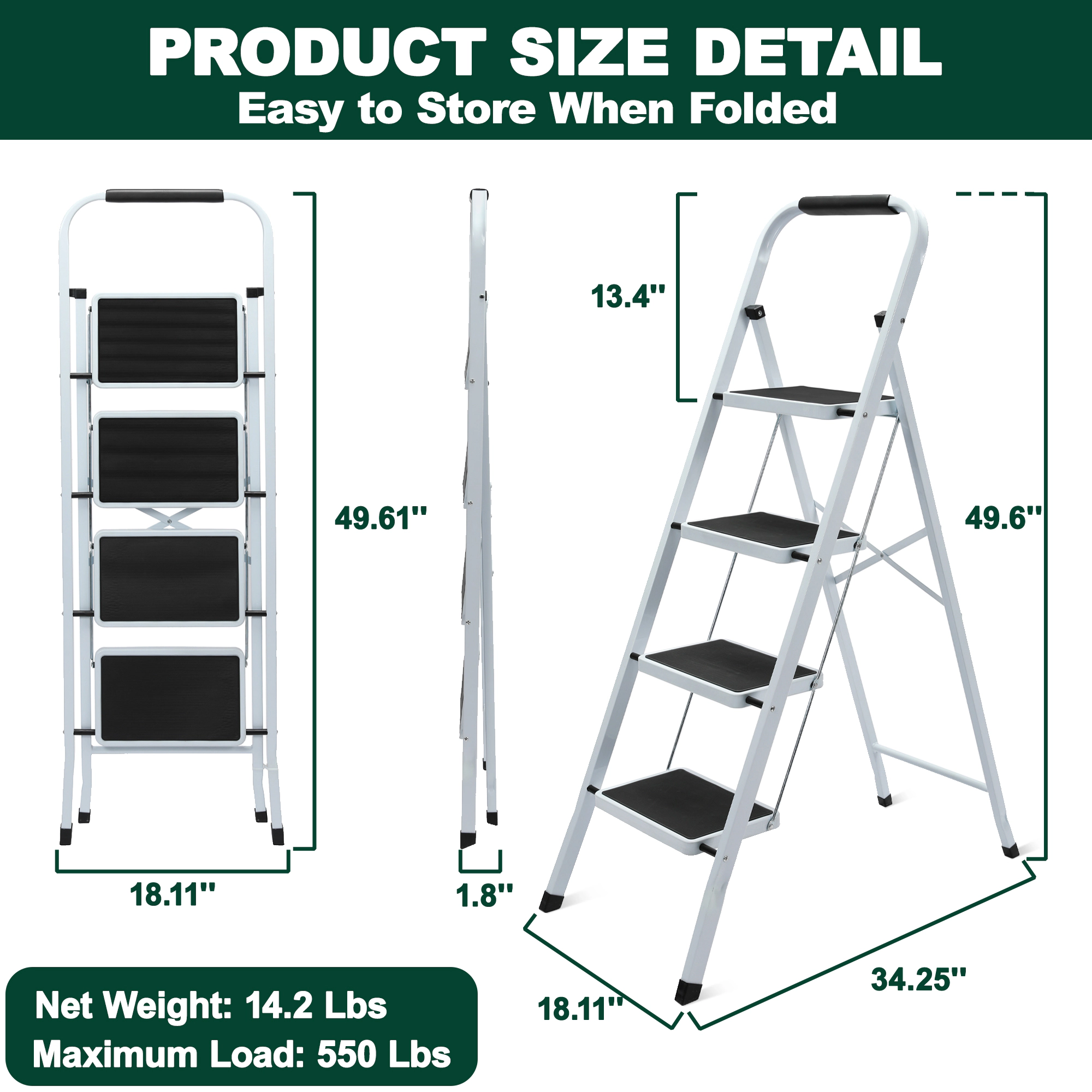 Flynama 4 Step Ladder- 330lb Capacity Steel Foldable Step Stool (White)