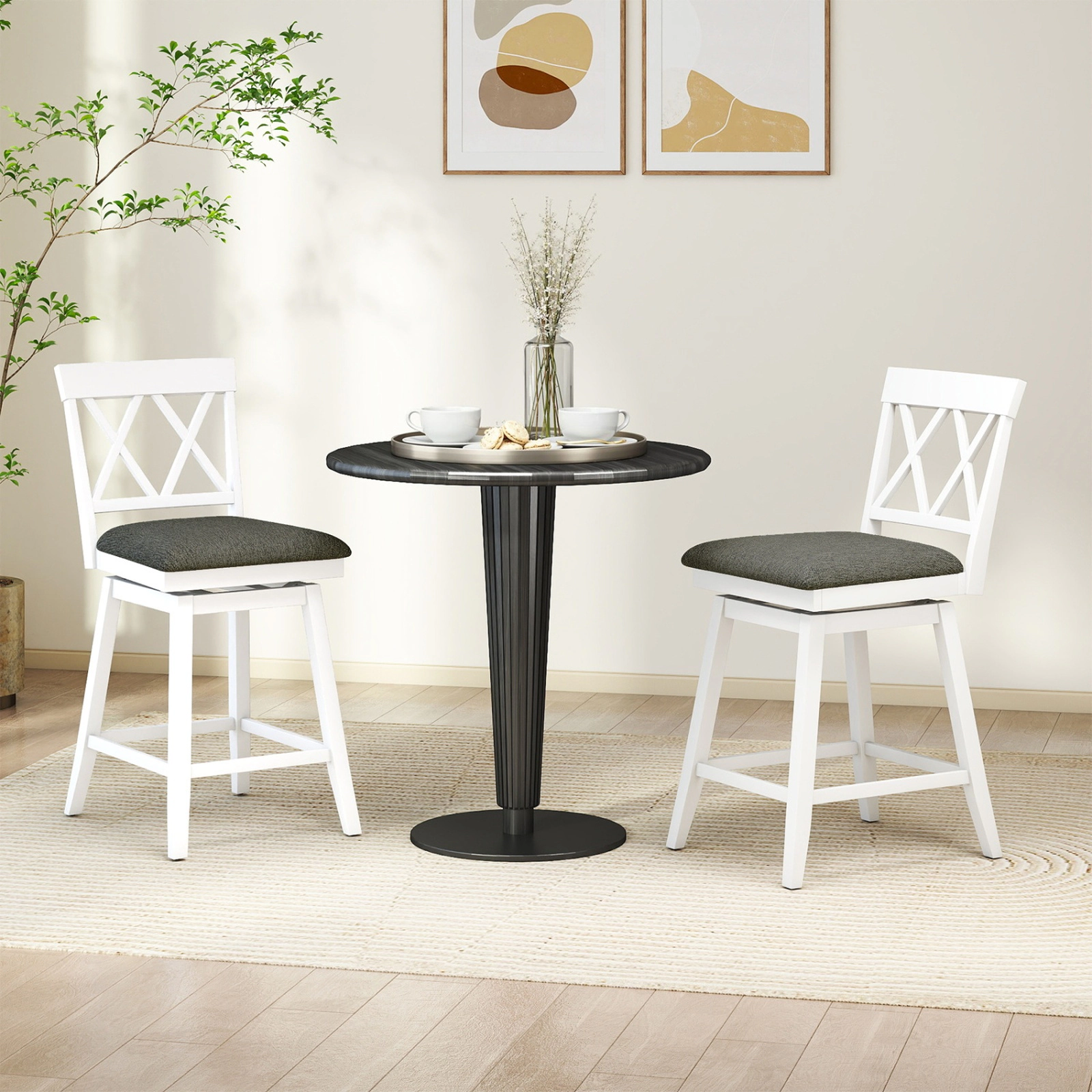 SUGIFT Set of 2 24-Inch Counter-Height Swivel Stools, Linen Cushions, Oak-Finish Frame
