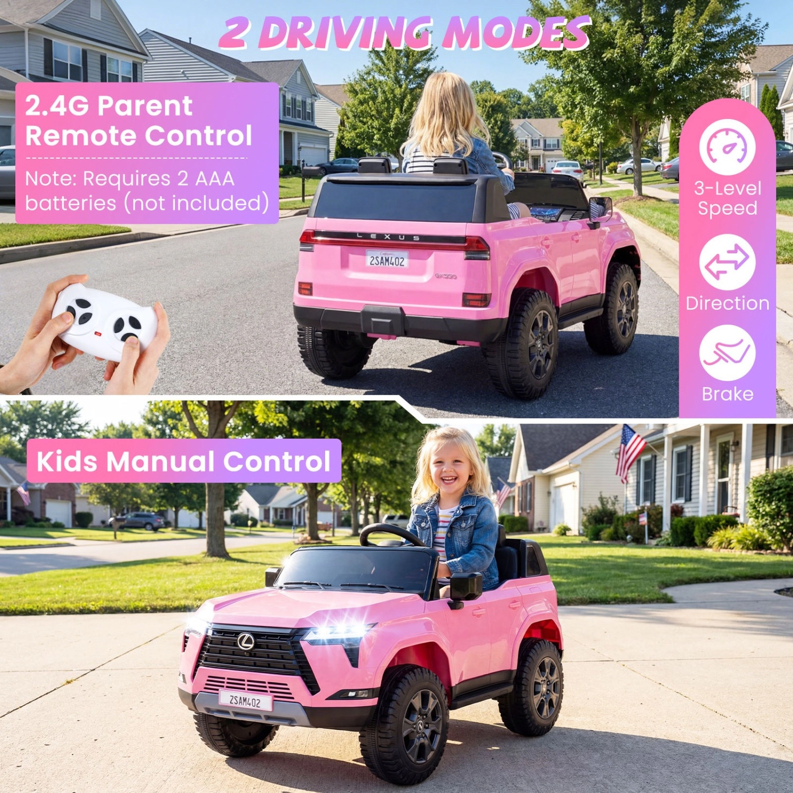 SUGIFT 24V 4WD 110-lb Capacity Kids Ride On Car with Parent Remote Control Spring Suspension and LED Headlights