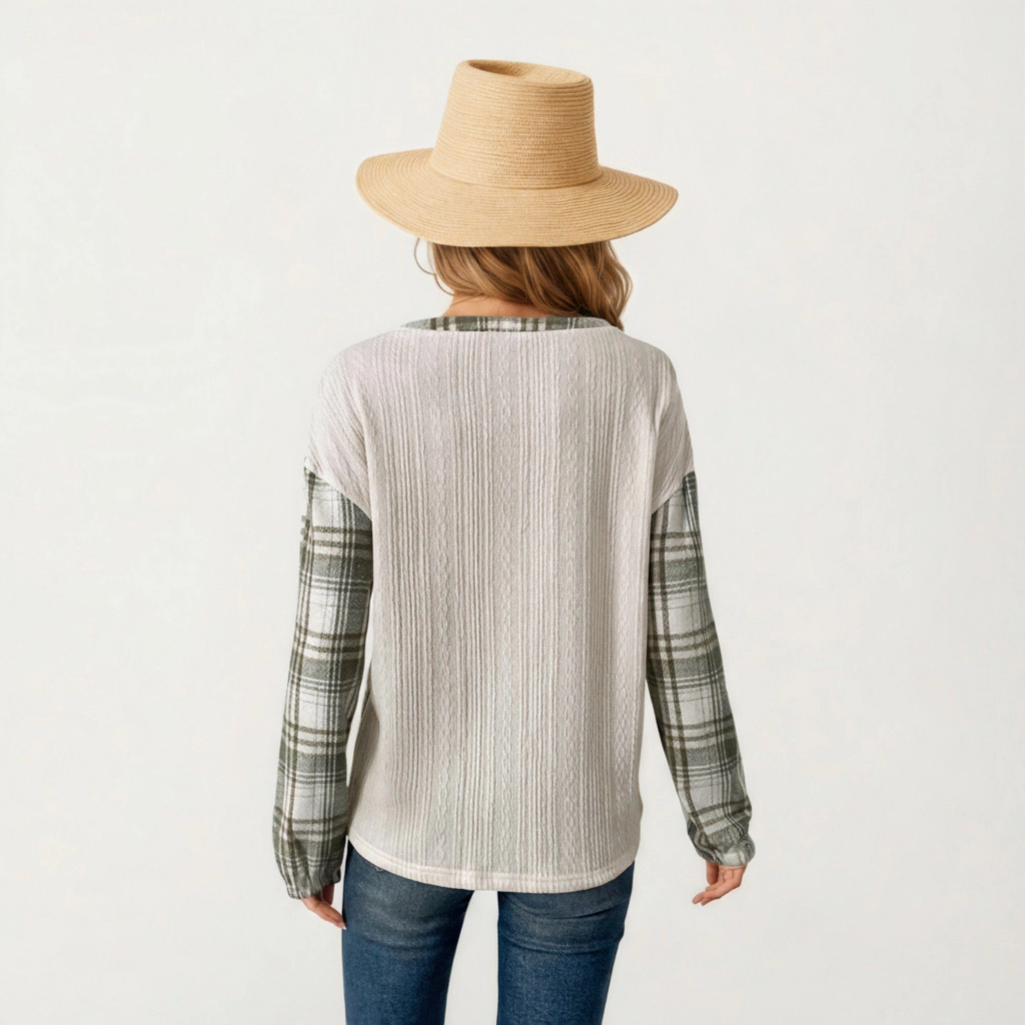 Anna-Kaci Women's Plaid Long Sleeve Henley Top with Textured Knit Front Button Detail