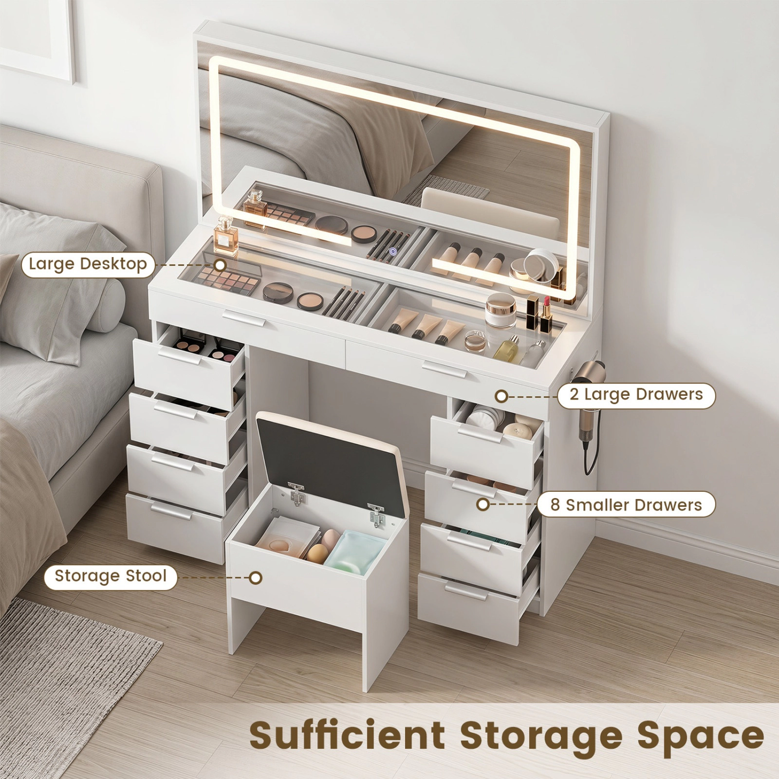 SUGIFT 46 in Vanity Desk White with Lighted Mirror Stool and Charging Station