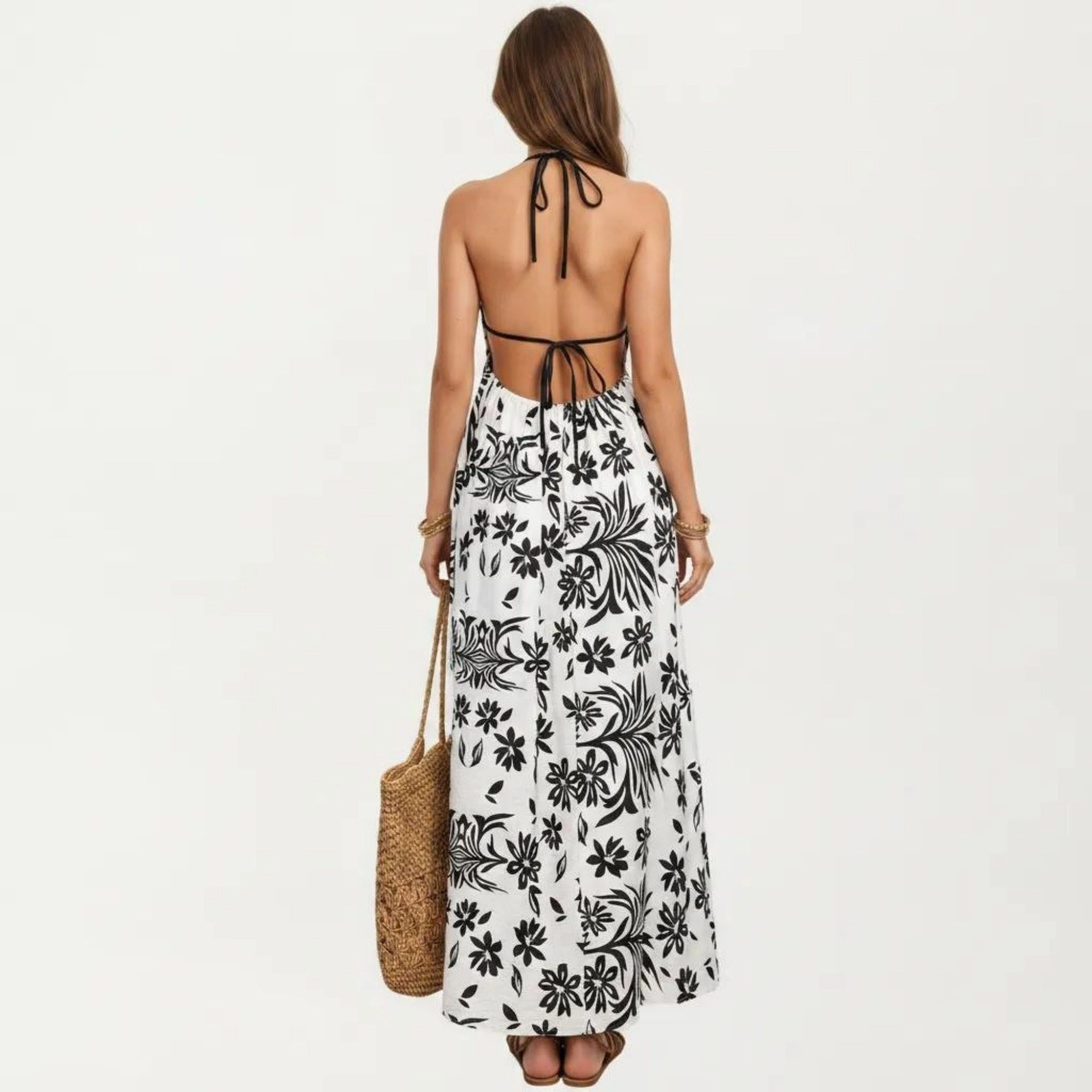 Anna-Kaci Women's Printed Halter Open Back Tie Maxi Dress