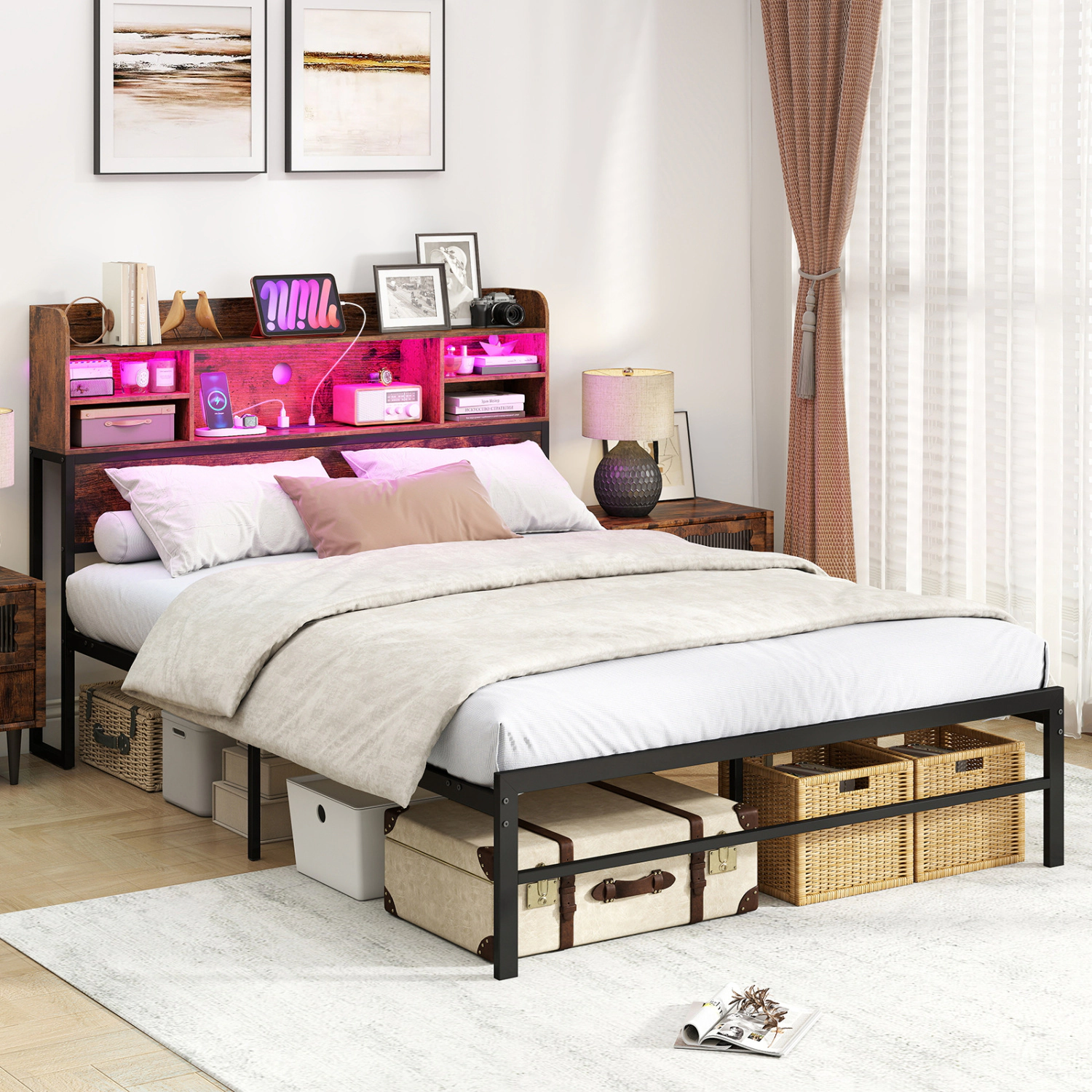 LJG Full Size Bed Frame with Headboard LED Lights and Charging Station