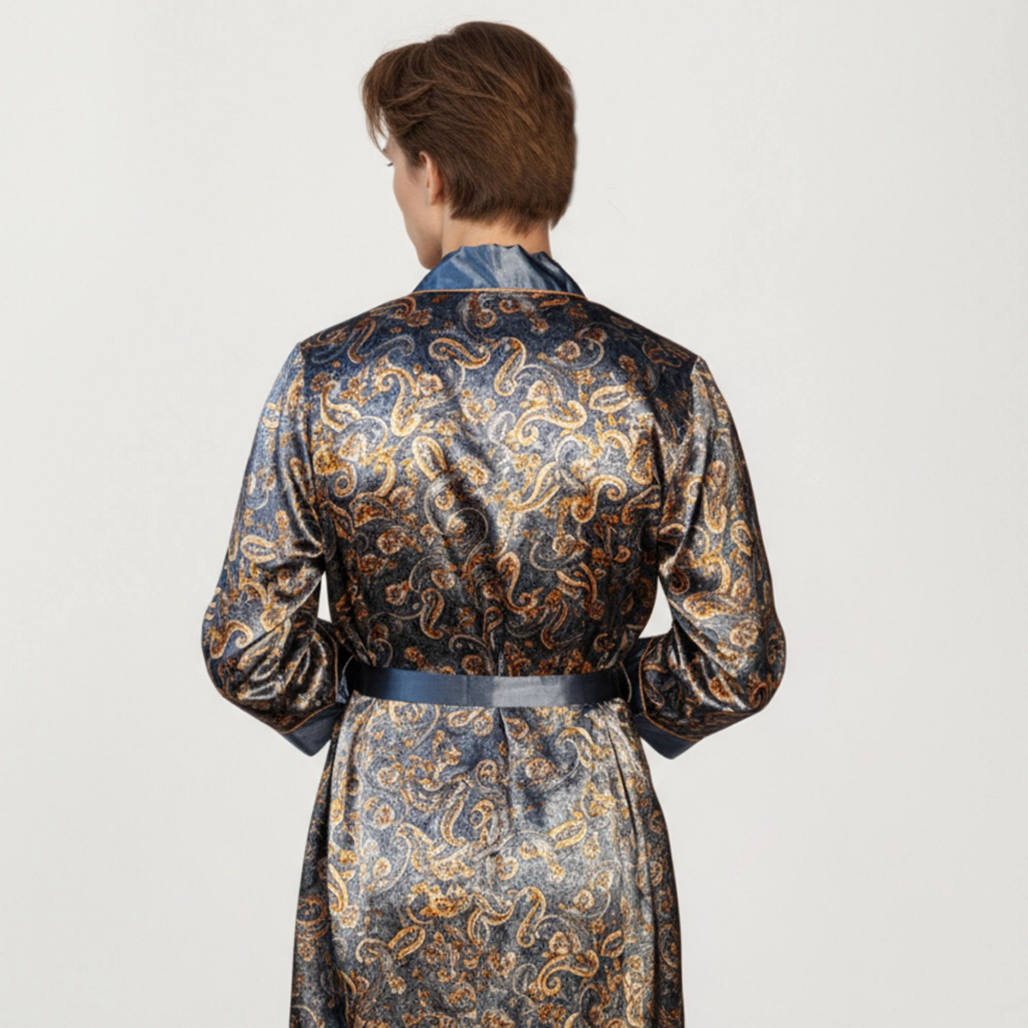 Anna-Kaci Men's Paisley Print Satin Robe with Contrast Shawl Collar and Waist Tie Belt