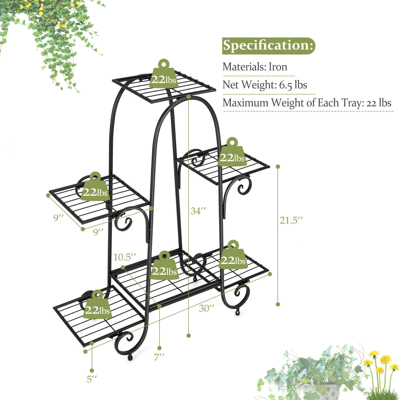 Slickblue Black Metal 6 Tier Plant Rack Square Tray Shelf Stand for Indoor Outdoor Use